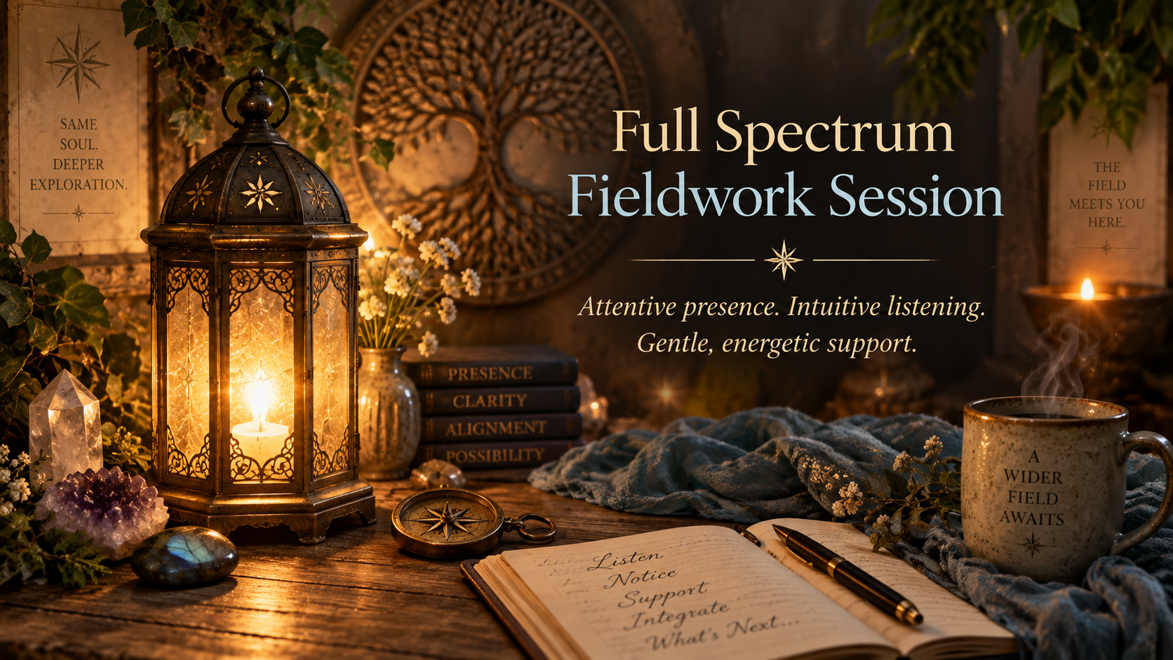 Full Spectrum Fieldwork Session with a glowing lantern, compass, journal, crystals, and warm candlelight representing attentive presence, intuitive listening, and energetic support.
