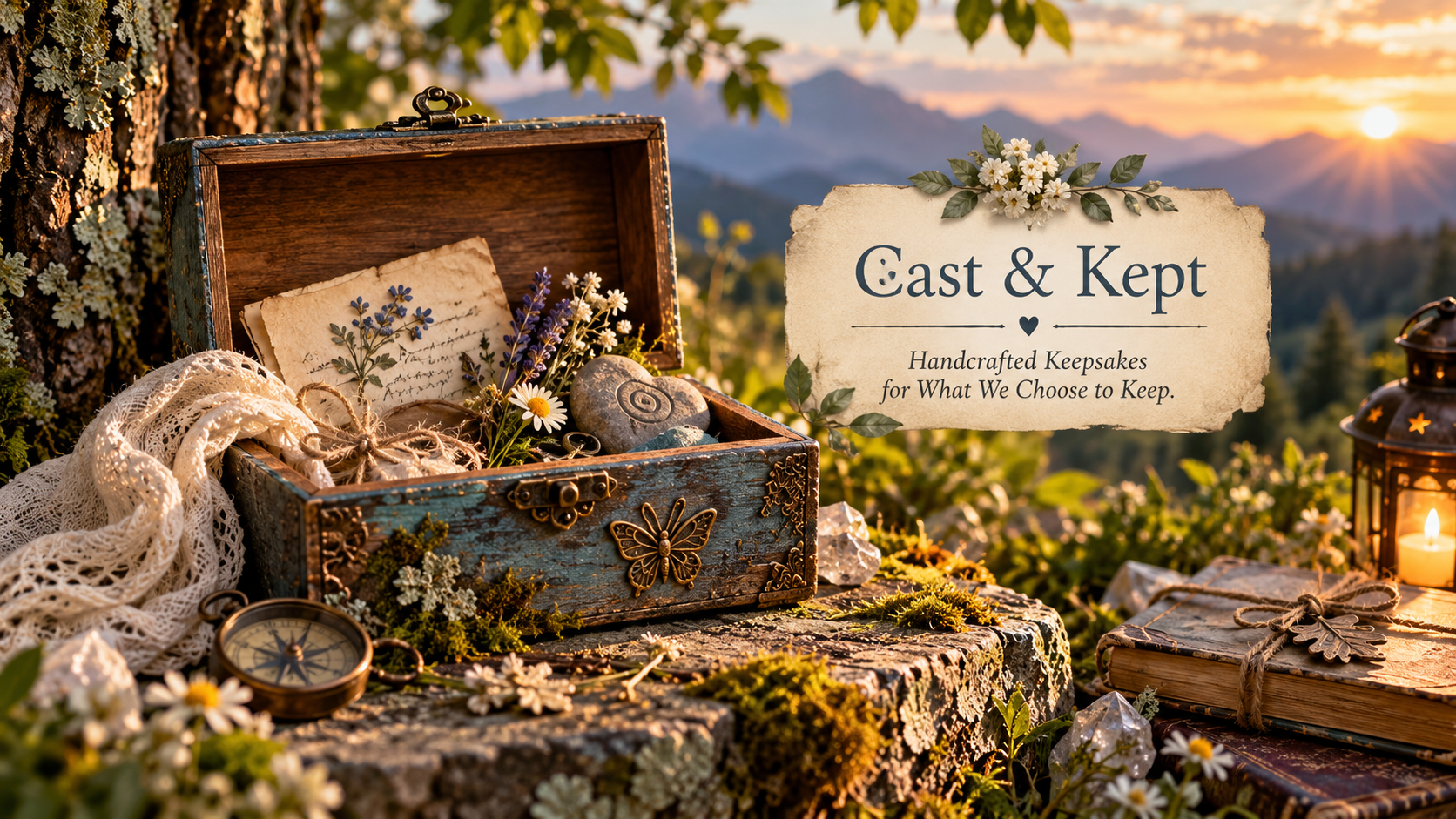 An open antique wooden keepsake box containing dried flowers, stones, and handwritten notes, surrounded by daisies, greenery, a lace cloth, a vintage compass, and a lantern, set outdoors during sunset with mountains in the background. A sign reads 'Cast & Kept, Handcrafted Keepsakes for What We Choose to Keep.'