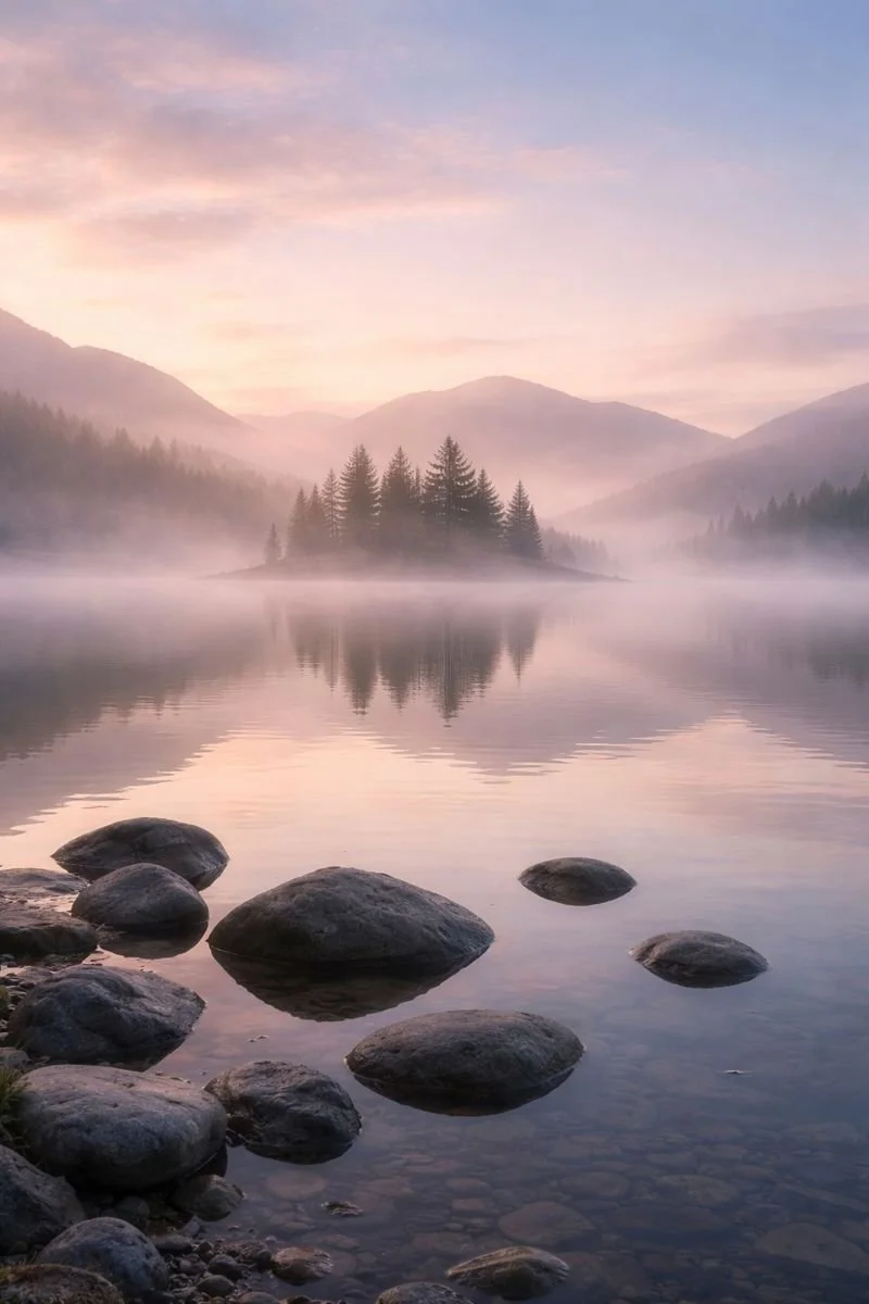 Soft, misty lake surrounded by mountains at dawn, with still water reflecting trees and smooth stones in a quiet, calming landscape.