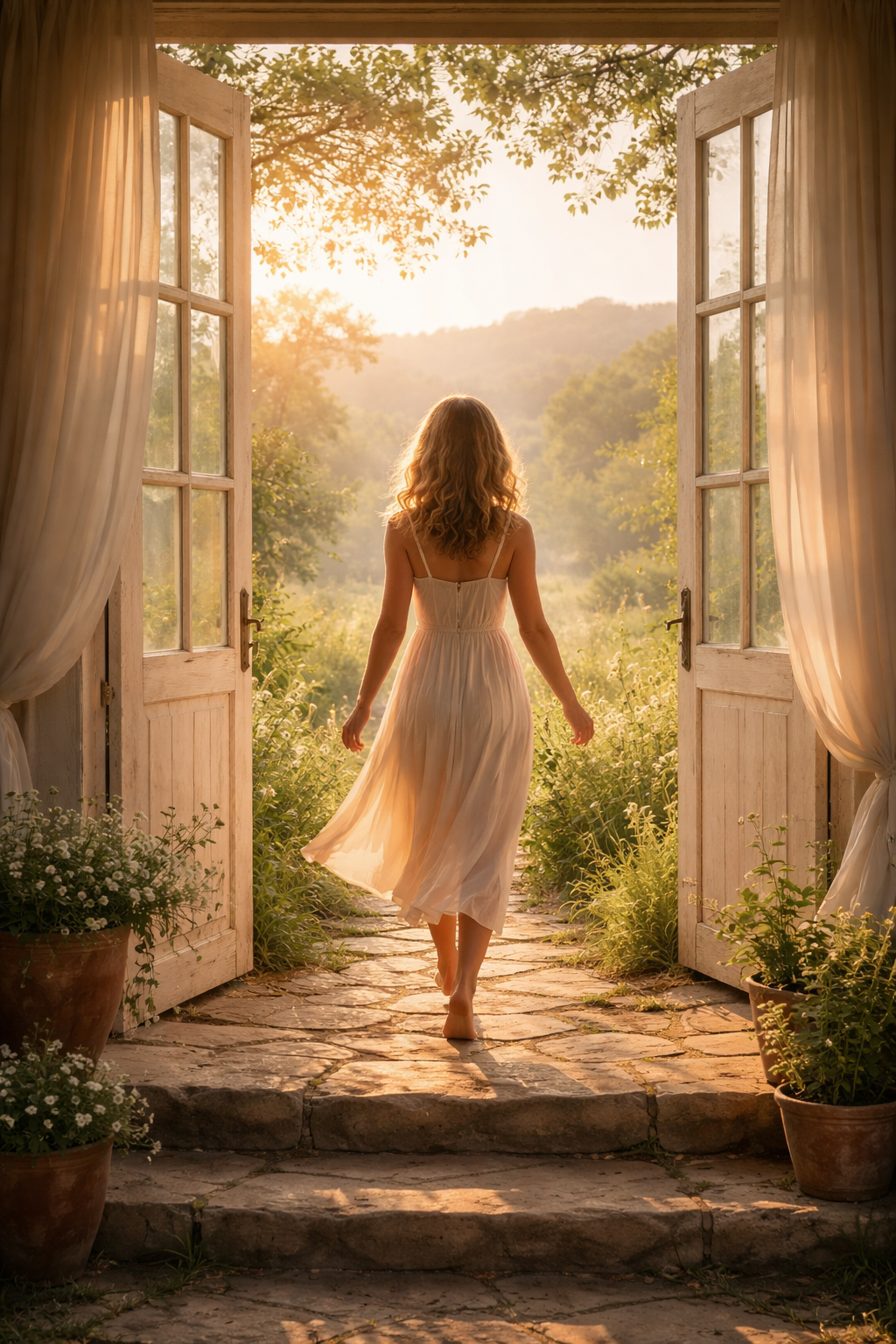 A woman in a flowing dress steps barefoot through an open doorway into a sunlit natural landscape, symbolizing personal growth, inner peace, and stepping into presence.