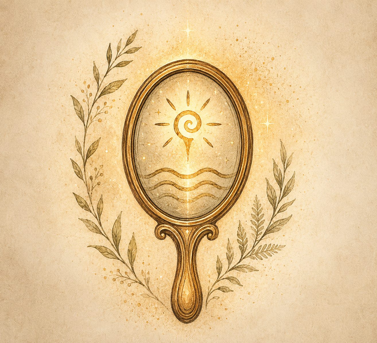 Vintage hand mirror glowing with a spiral sun and flowing water symbols, surrounded by botanical branches on warm parchment, representing presence, inner light, reflection, and self-recognition at The Elemental Lantern.