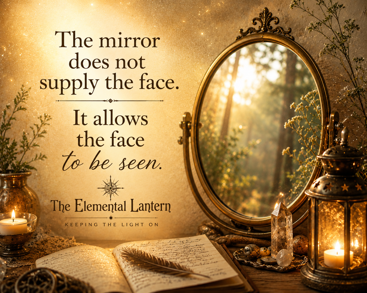 The Elemental Lantern inspirational mirror quote with an antique mirror reflecting a sunlit forest, a glowing lantern, journal, candles, and the words, "The mirror does not supply the face. It allows the face to be seen."