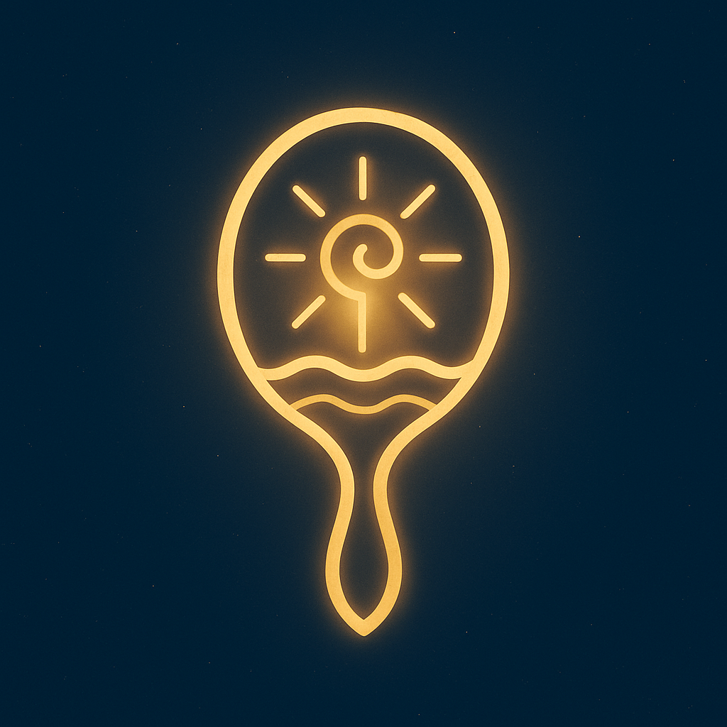 A glowing golden hand mirror with a spiral and sunburst at its center, floating above soft wave lines, set against a deep navy sky with subtle stars. Symbolizes inner light, reflection, and soul remembrance through presence.