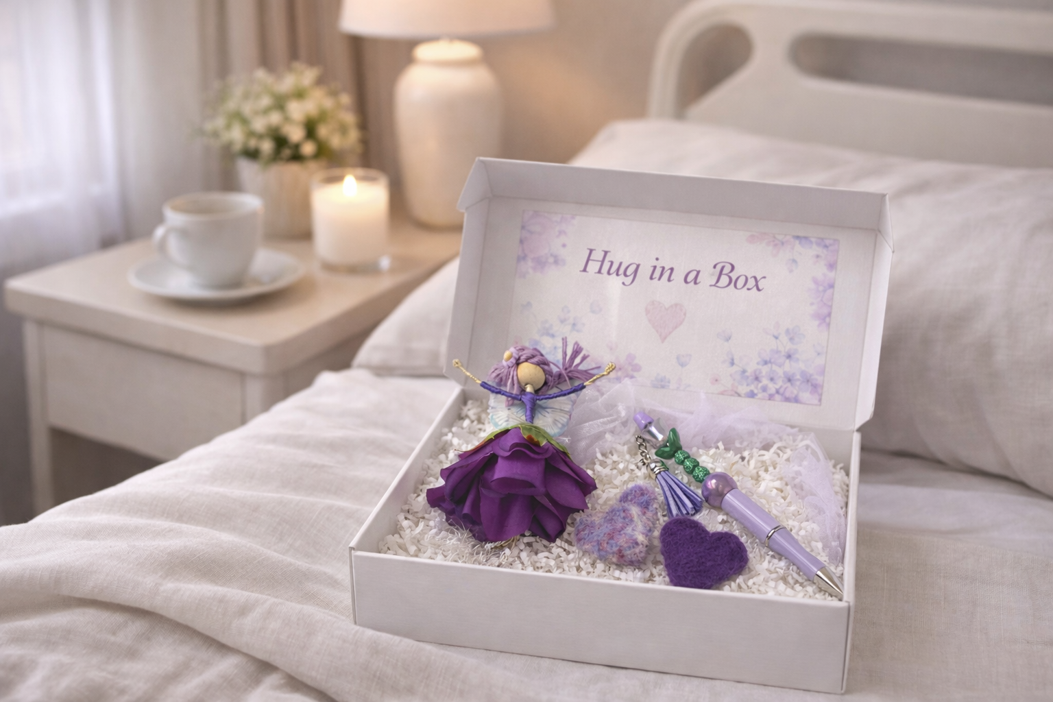 A white gift box labeled 'Hug in a Box' containing purple and multicolored heart-shaped ornaments, a purple flower, and a fairy doll with purple hair, all placed on a bed with a beige headboard. In the background, a bedside table with a lit candle, a white cup on a saucer, and a vase of white flowers can be seen.