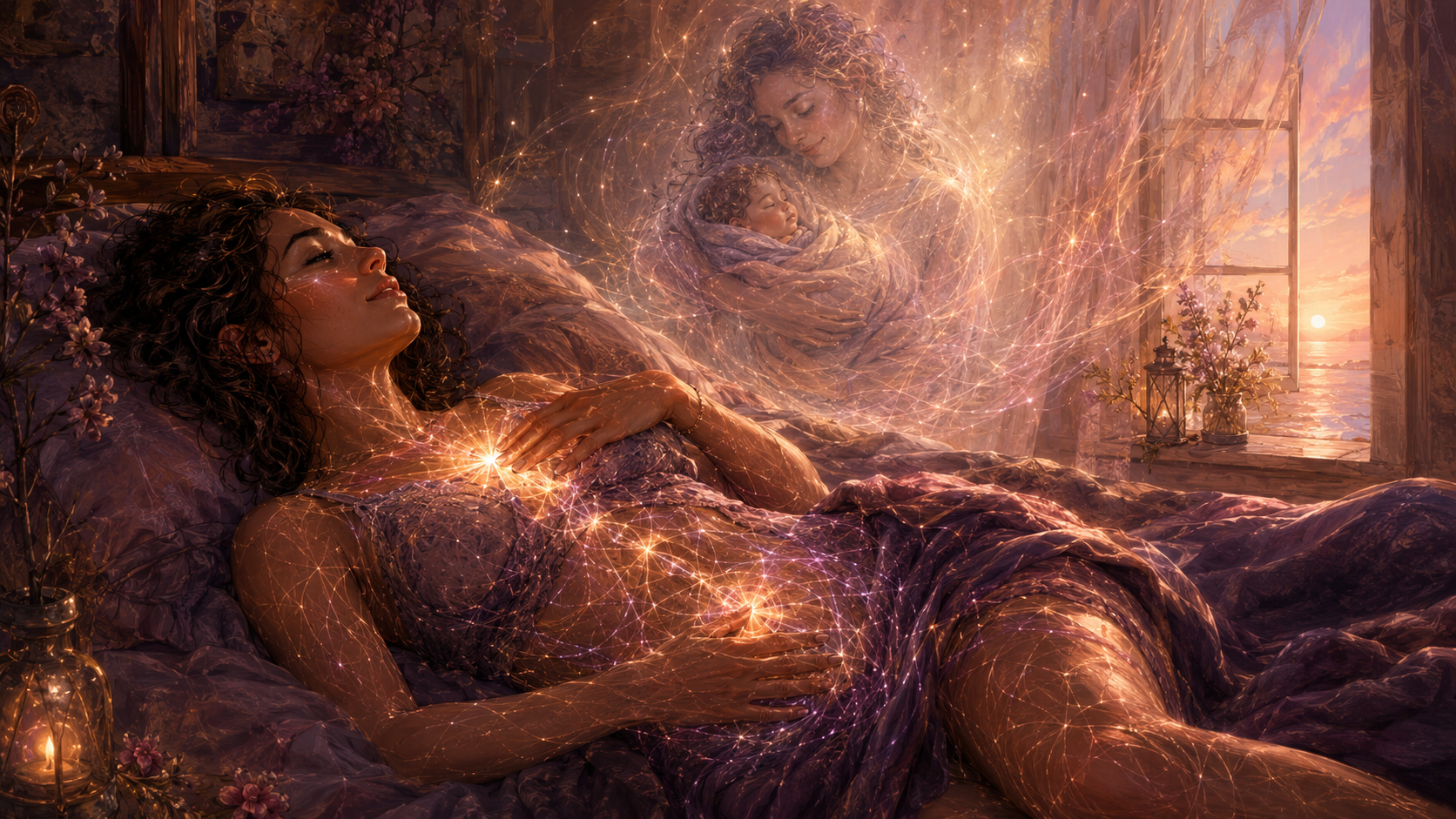 A woman lying in bed at dawn with her hands resting on her chest and womb, surrounded by glowing fascia-like light, while an ethereal image of her holding herself as a newborn appears nearby.