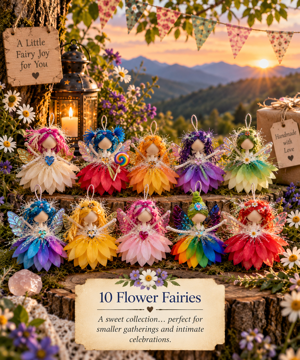 Ten colorful handmade flower fairy dolls with petal skirts, iridescent details, and wings arranged for a fairy party celebration with a mountain sunset.
