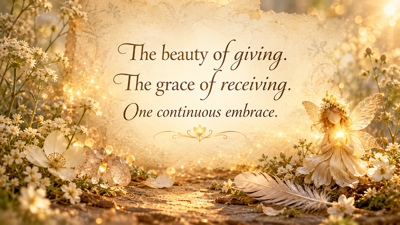 Golden fairy cradling a glowing light among delicate flowers and crystals, beside the words “The beauty of giving. The grace of receiving. One continuous embrace.”