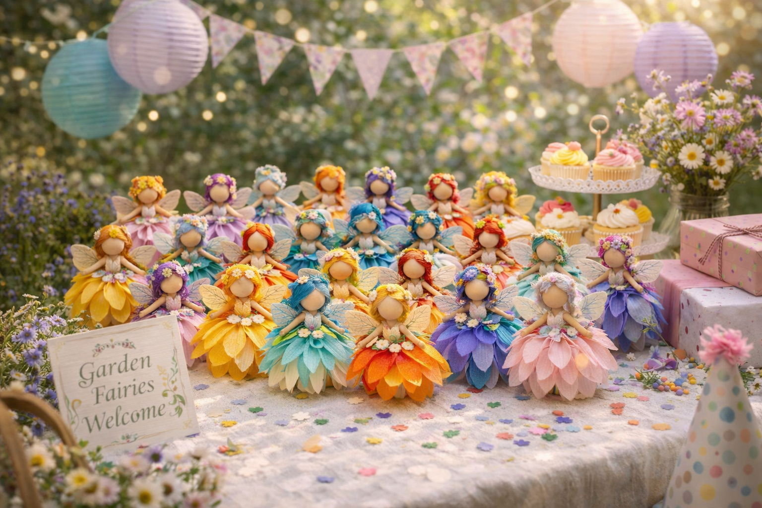 Large collection of handmade flower fairy dolls arranged for a garden-themed fairy party
