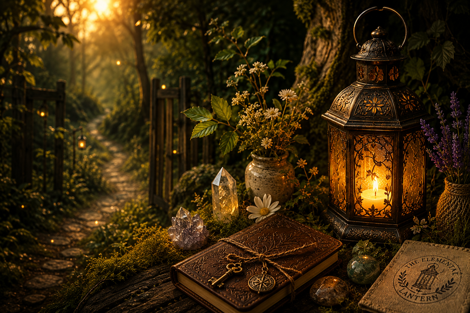 Glowing antique lantern beside a journal, crystals, and wildflowers, overlooking an open woodland gate and winding forest path.