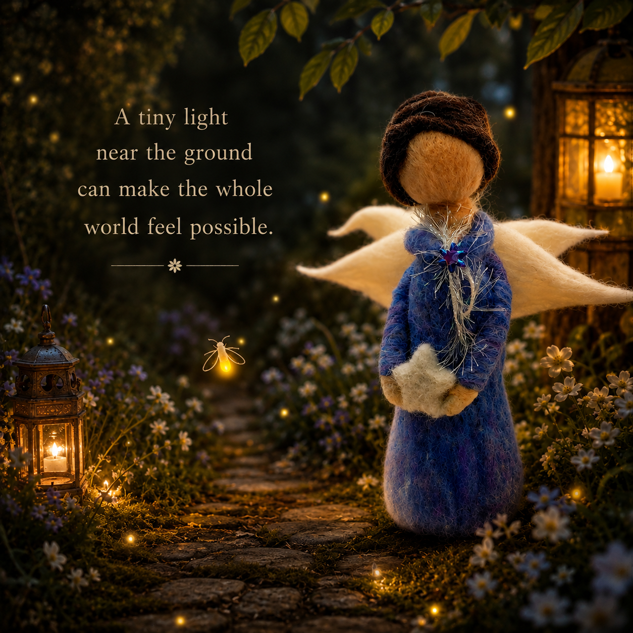Handmade felt angel in a blue gown standing on a glowing woodland path surrounded by wildflowers, lanterns, and fireflies, with the words “A tiny light near the ground can make the whole world feel possible.”