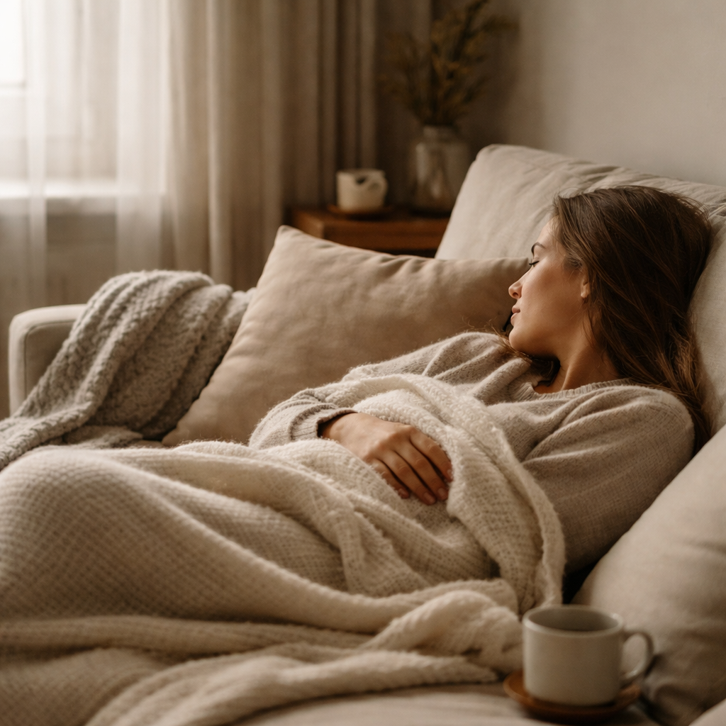 Woman resting comfortably on a sofa under a soft blanket during a quiet remote wellness session.