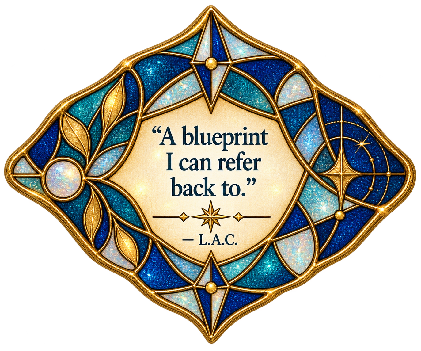 Cobalt, turquoise, opalescent, and gold stained-glass mosaic featuring L.A.C.’s reflection, ‘A blueprint I can refer back to.’