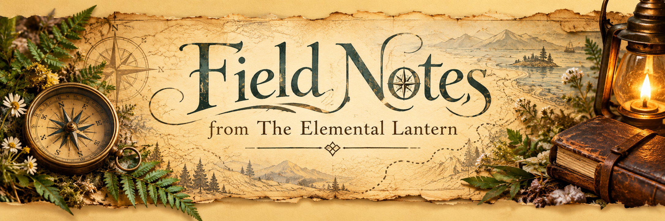 Field Notes from The Elemental Lantern on aged parchment surrounded by a compass, lantern, journals, ferns, wildflowers, mountains, maps, and a winding trail.