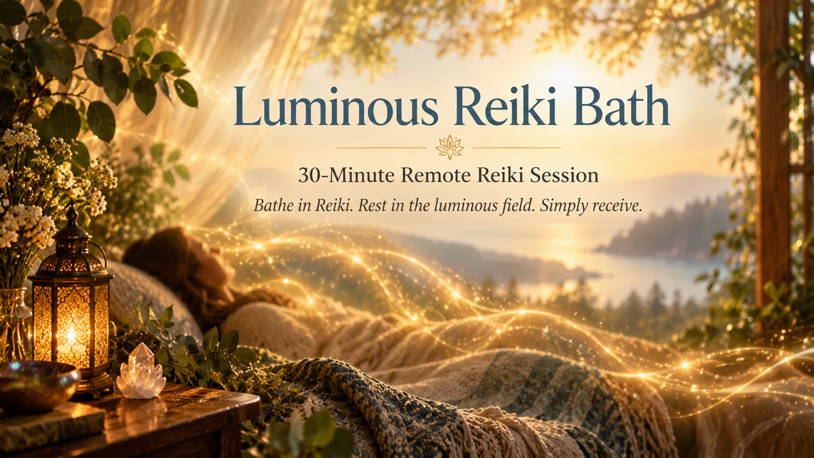 A promotional image for Luminous Reiki Bath featuring a relaxing scene during sunset. There is a person lying on a bed outdoors with glowing golden light effects around them, surrounded by greenery and a lake in the background. The setup includes decorative lanterns, white flowers, and a cozy blanket, creating a tranquil and luminous atmosphere for a remote Reiki session.