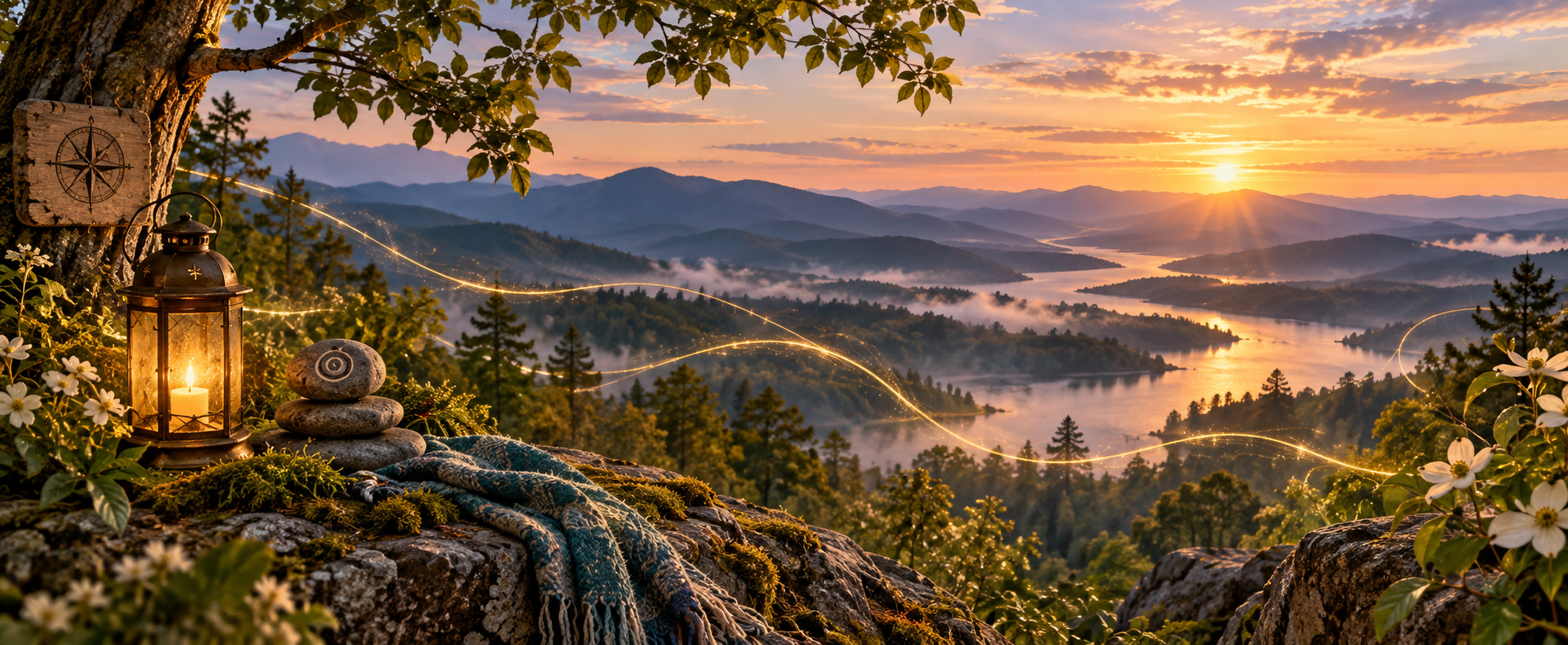 Golden light threads move through a mountain landscape beside a glowing lantern, compass, and stone cairn at sunset.