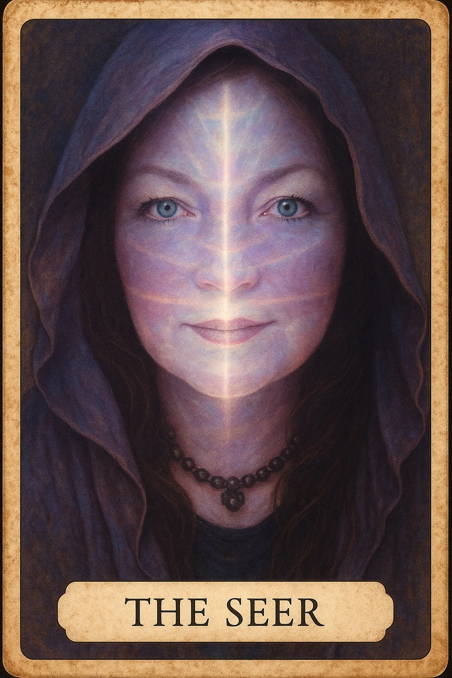 Oracular woman with blue eyes and a hood, emitting a mystical glow, labeled "The Seer" on a tarot card