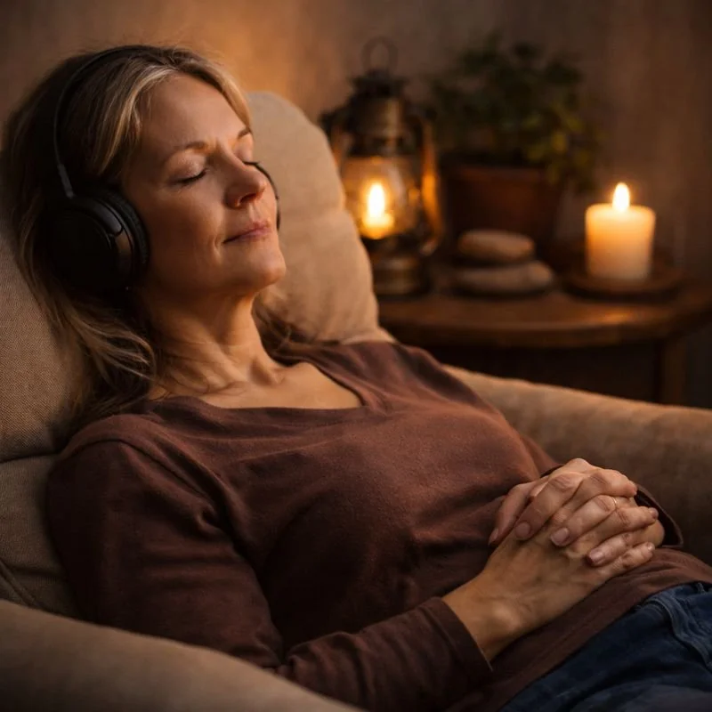 A woman relaxing with eyes closed, wearing headphones, sitting on a comfortable couch in a cozy, dimly lit room with candles and lanterns in the background.
