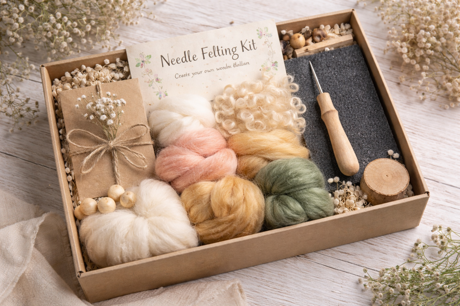 A needle felting kit with colorful wool roving, felting needle, foam pad, small box of wooden beads, decoration flowers, and a wrapped gift box, arranged on a white wooden surface with white flowers around.
