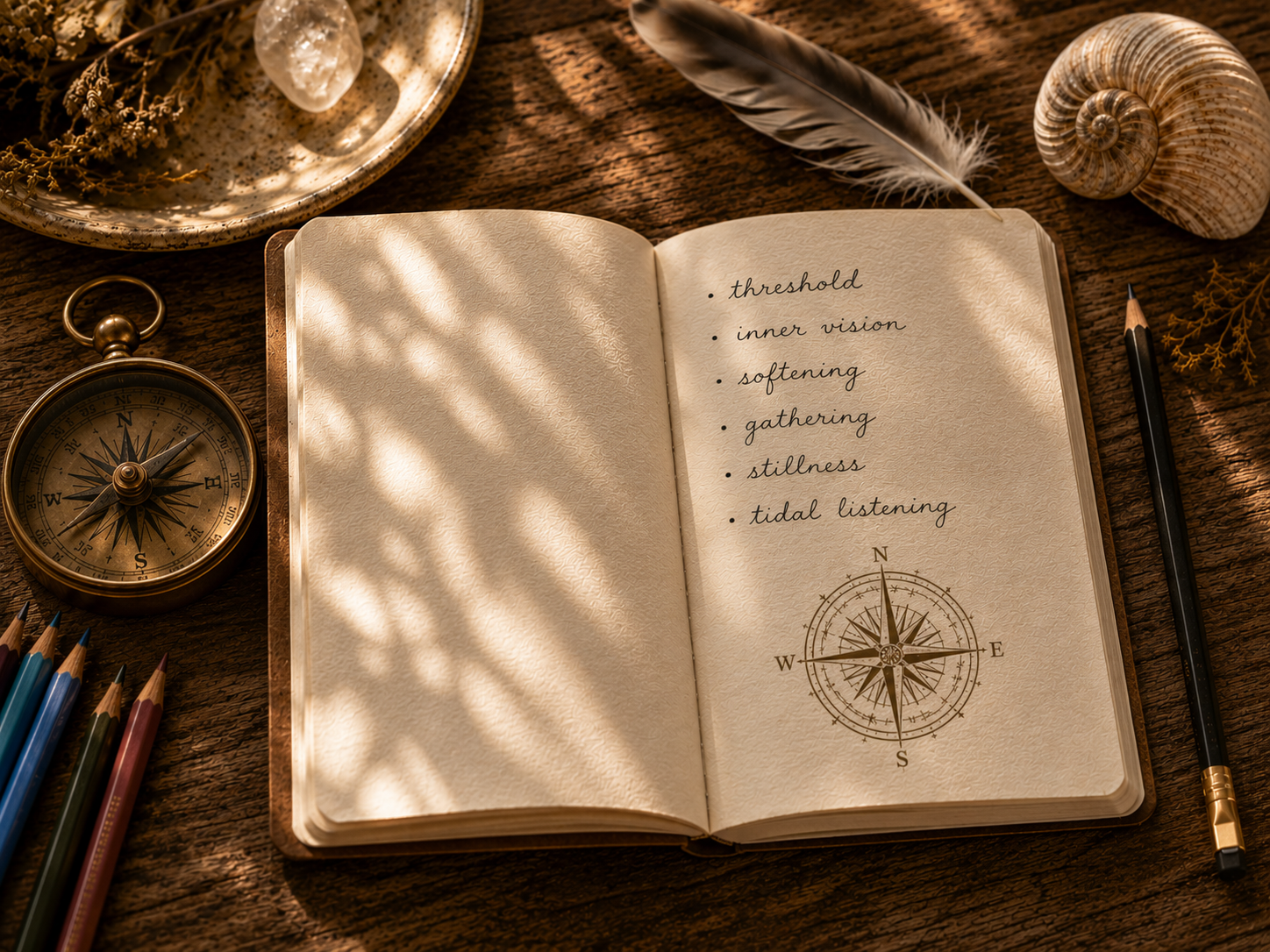 Open notebook with handwritten intuitive essences on a wooden table, styled with natural objects to reflect the quiet tracking process of an Illuminated Thread Tracking Session.