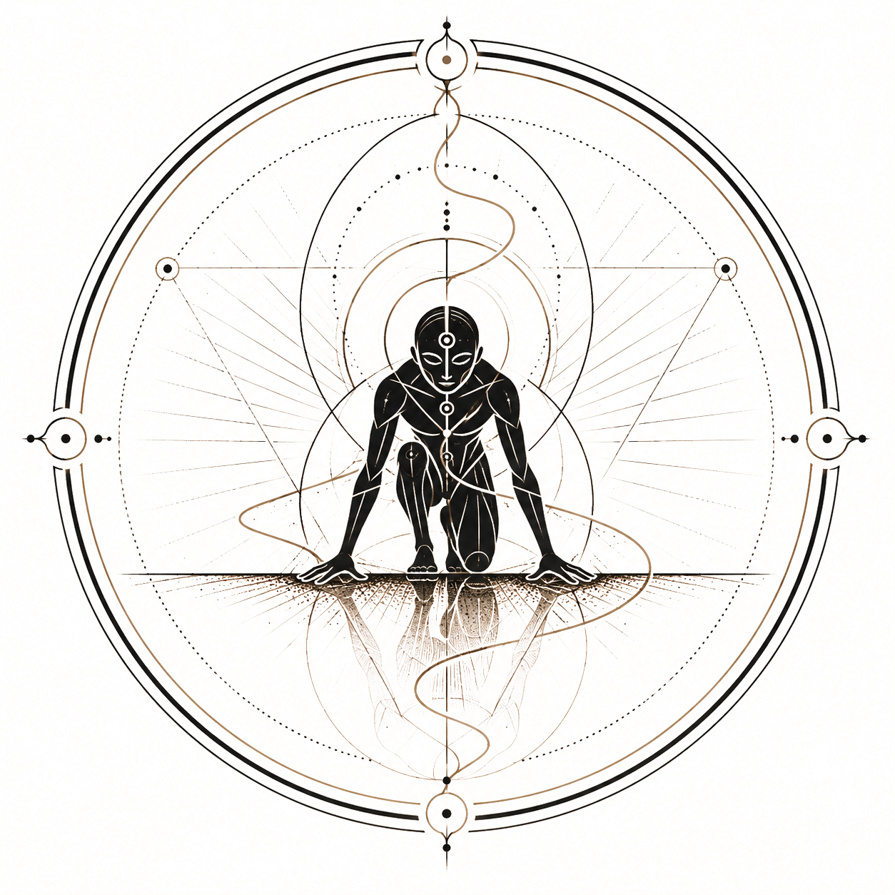A stylized black and gold illustration of a human figure kneeling in a pose with hands on the ground, surrounded by geometric and mystical symbols and lines.