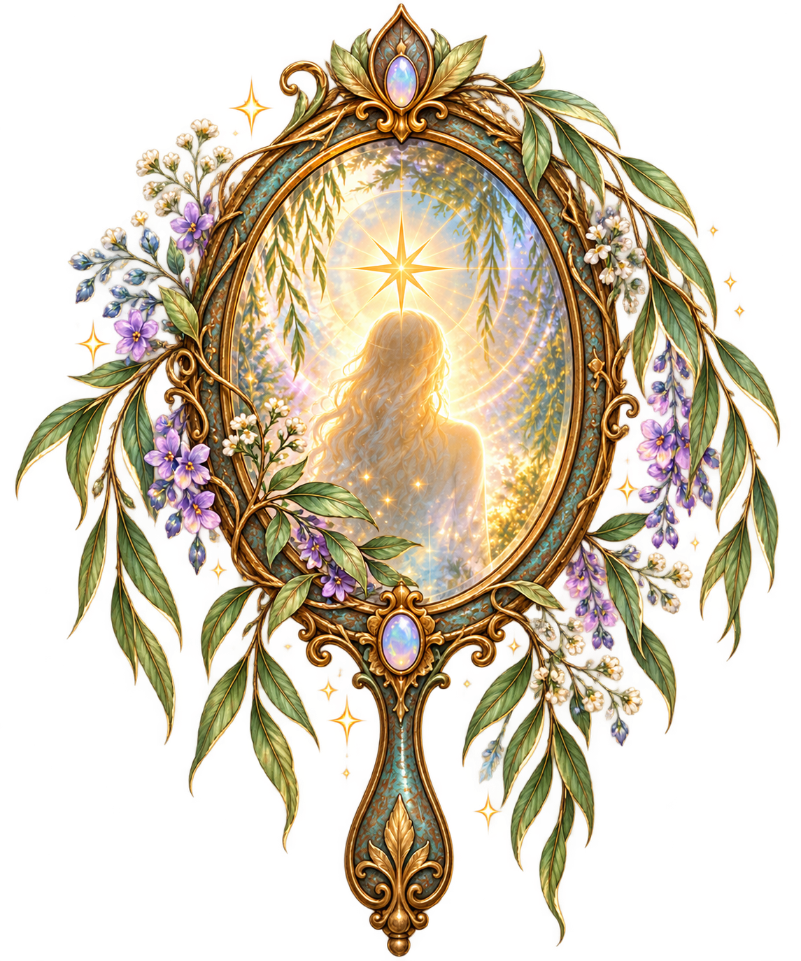 Ornate fantasy hand mirror framed with gold filigree, purple flowers, green leaves, and glowing blue gemstones, reflecting a radiant long-haired figure beneath a starburst