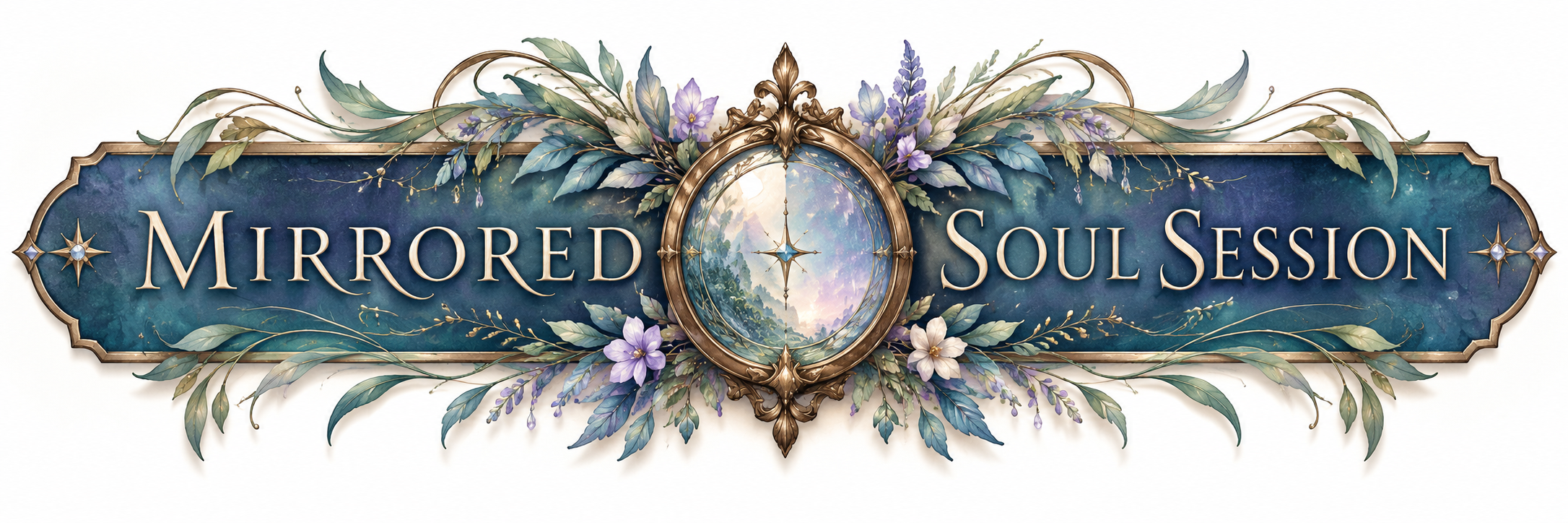 Ornate floral banner reading “Mirrored Soul Session,” with a central compass mirror and blue-purple botanical decorations