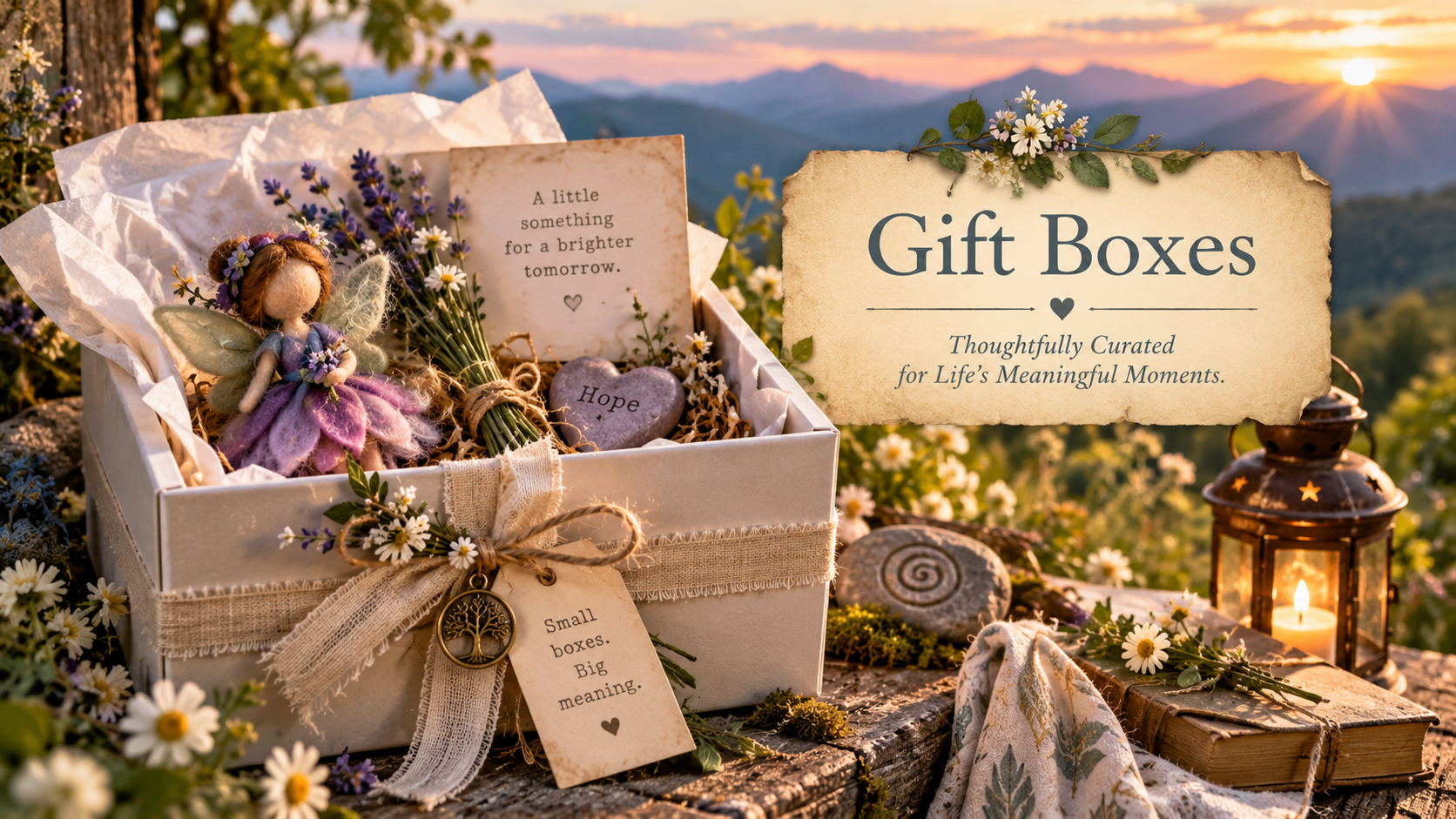 A gift box decorated with flowers, a whimsical fairy doll, and a stone engraved with 'Hope,' set outdoors on a wooden surface during sunset. The scene includes a sign that reads 'Gift Boxes' and 'Thoughtfully Curated for Life's Meaningful Moments,' with additional decorative elements like a small book, candles, and film.