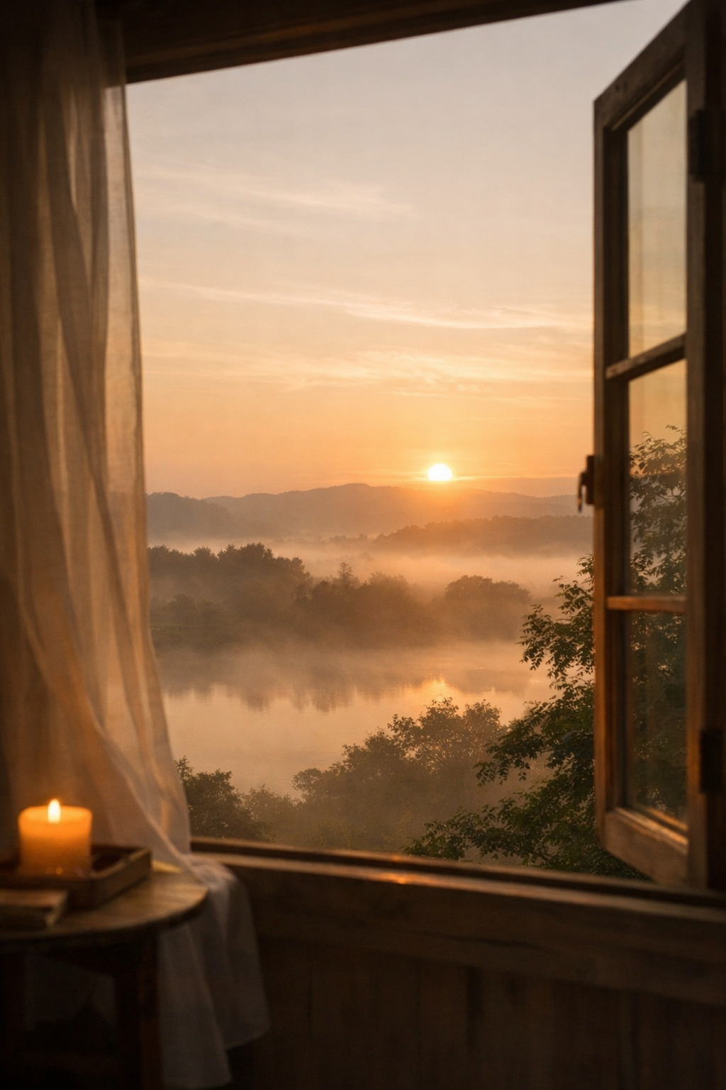 Open window at sunrise overlooking a misty river and trees, with soft light and candle creating a peaceful, reflective atmosphere