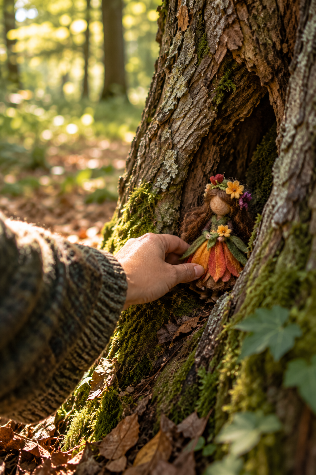 Hand gently placing a handmade flower fairy into a mossy tree hollow in the forest.
