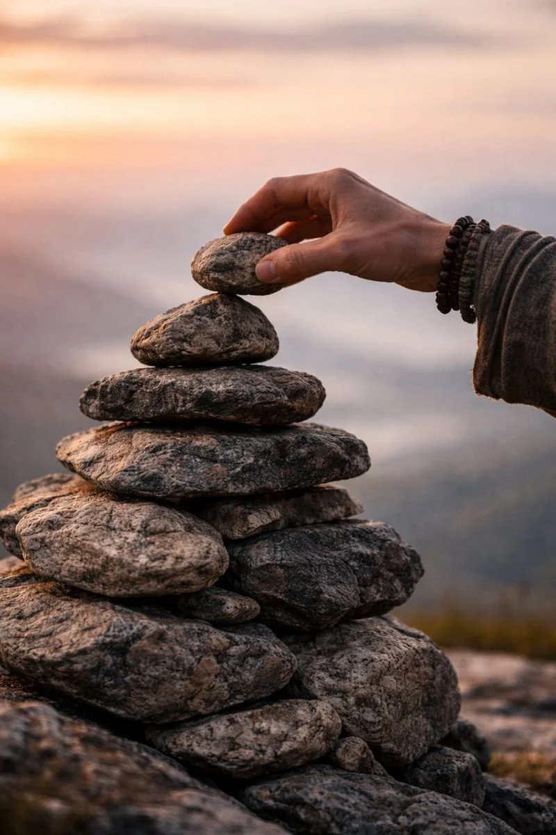 A close-up of a hand gently placing a stone on top of a balanced cairn, captured in warm light.