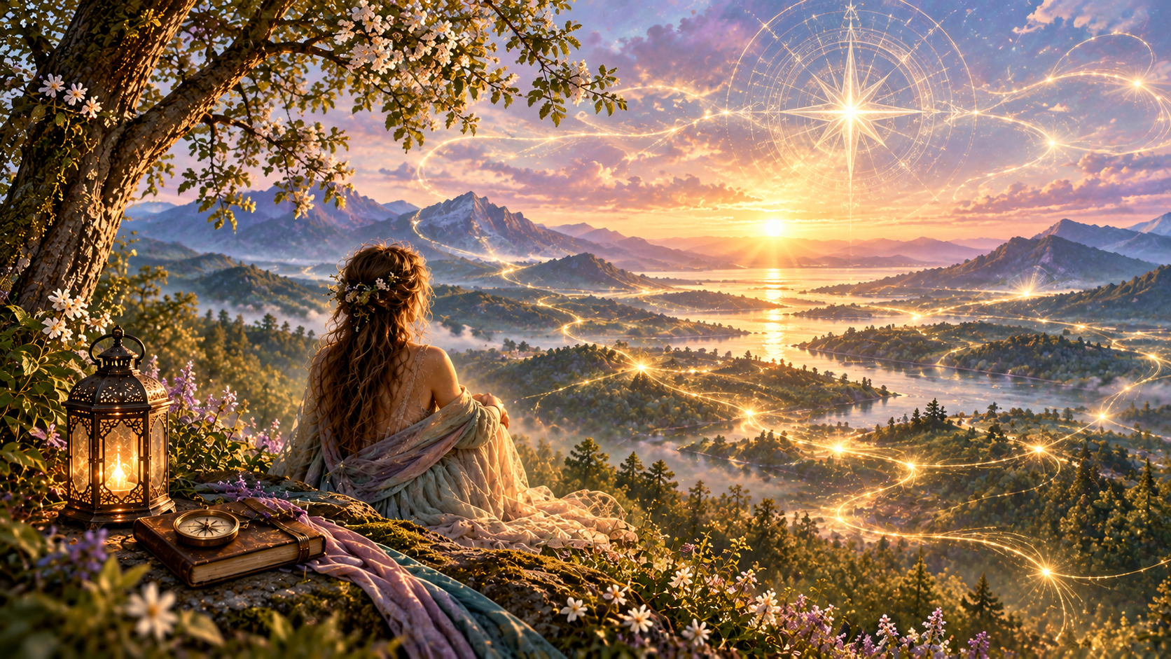 Woman seated beneath a flowering tree overlooking a misty mountain valley, where luminous threads connect glowing points beneath a celestial compass rose.