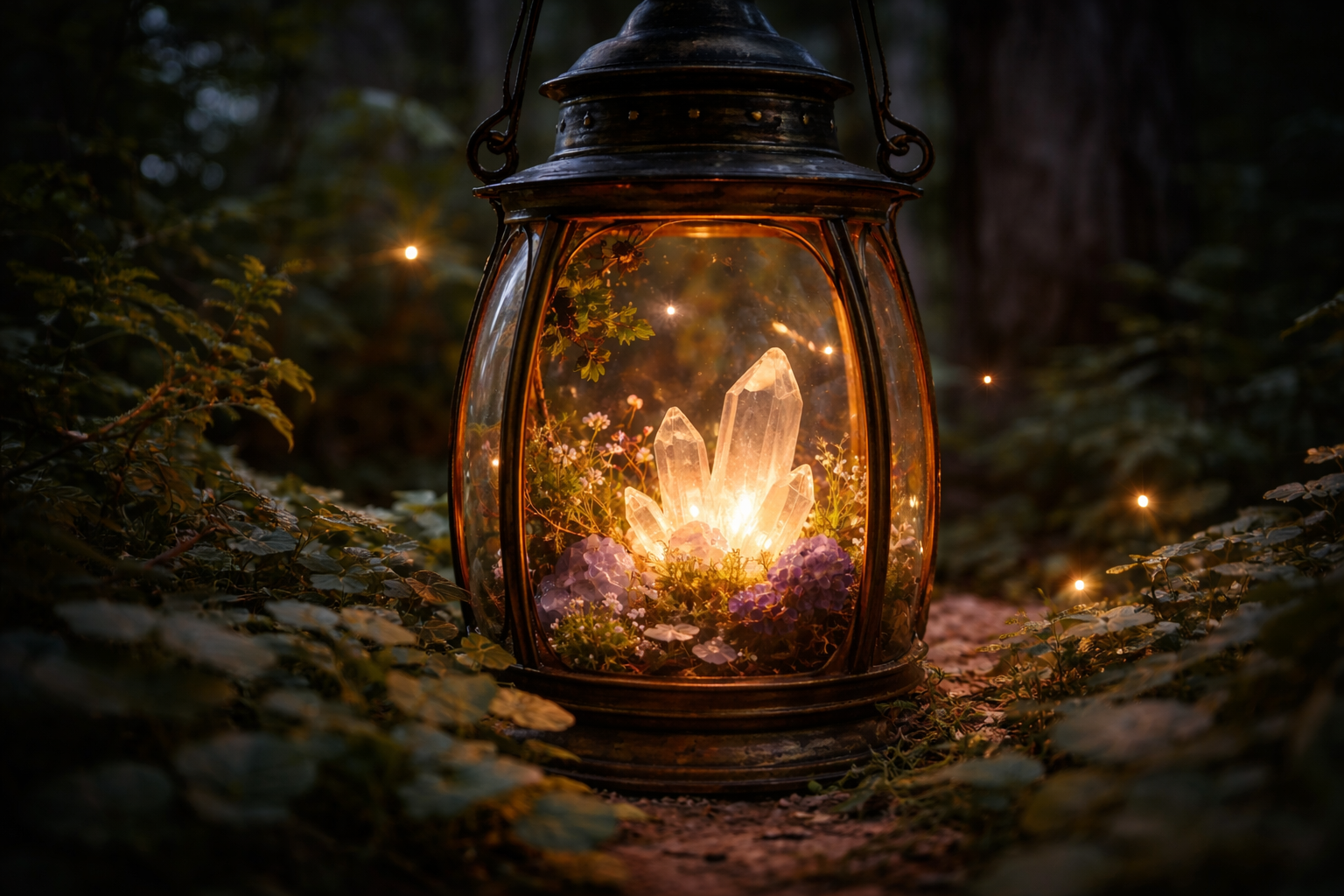 Glowing lantern filled with illuminated crystals in a forest setting, representing The Elemental Lantern’s presence, light, and emerging creations