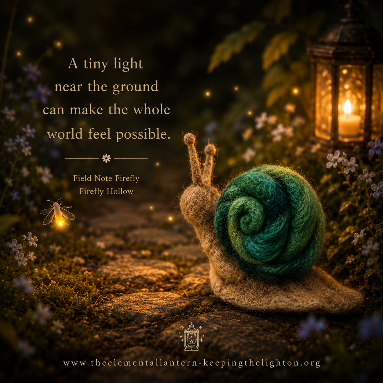 Handmade felted snail with a green spiral shell resting on a glowing woodland path beside a lantern and fireflies, with the words “A tiny light near the ground can make the whole world feel possible.”