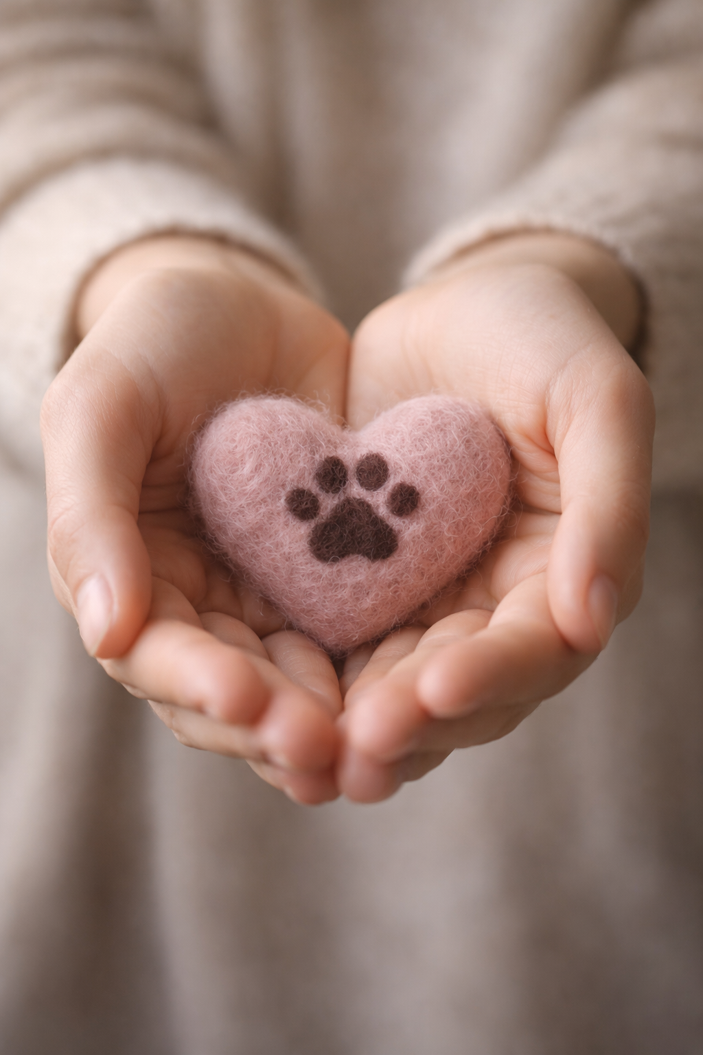 needle felted pet memorial heart with paw print held in hands handmade keepsake for loss of pet dog or cat