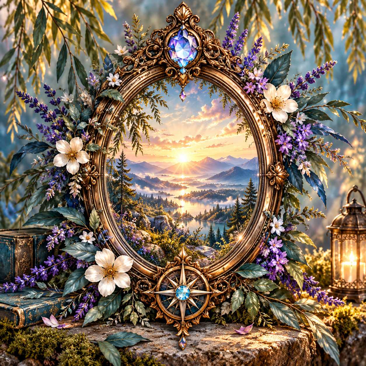 An ornate antique bronze mirror reflecting a luminous mountain and lake landscape, surrounded by lavender flowers, blue-green foliage, a compass rose, and a glowing lantern.