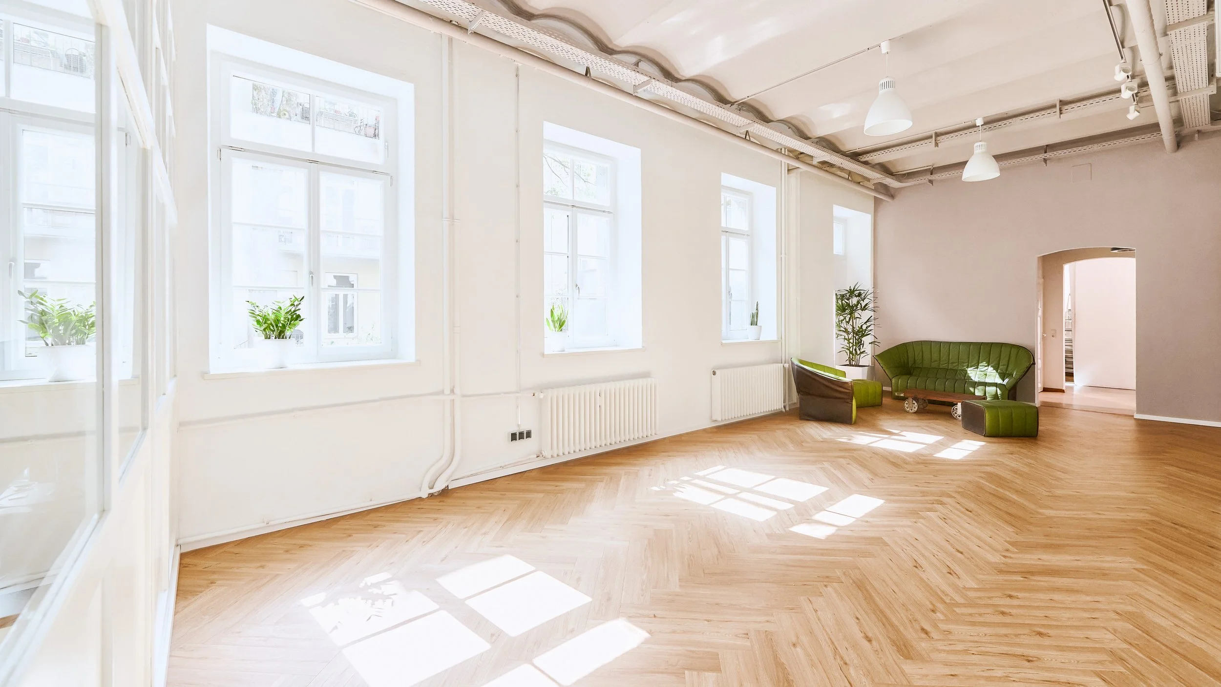 Helles, modern eingerichteter Raum mit sechs großen Fenstern, weißen Wänden, Holzboden, grüner Couch, Pflanzen auf den Fenstersimsen, Deckenleuchte und weißen Heizkörpern, Studio 2 bei Lumo Studios.