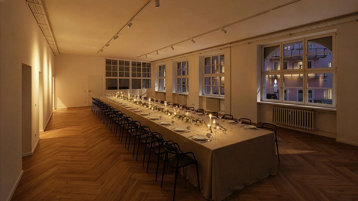 Ein festlich gedeckter langer Esstisch in einem hellen, modern eingerichteten Raum mit großen Fenstern, Kerzen und eleganter Dekoration für eine Veranstaltung am Abend.