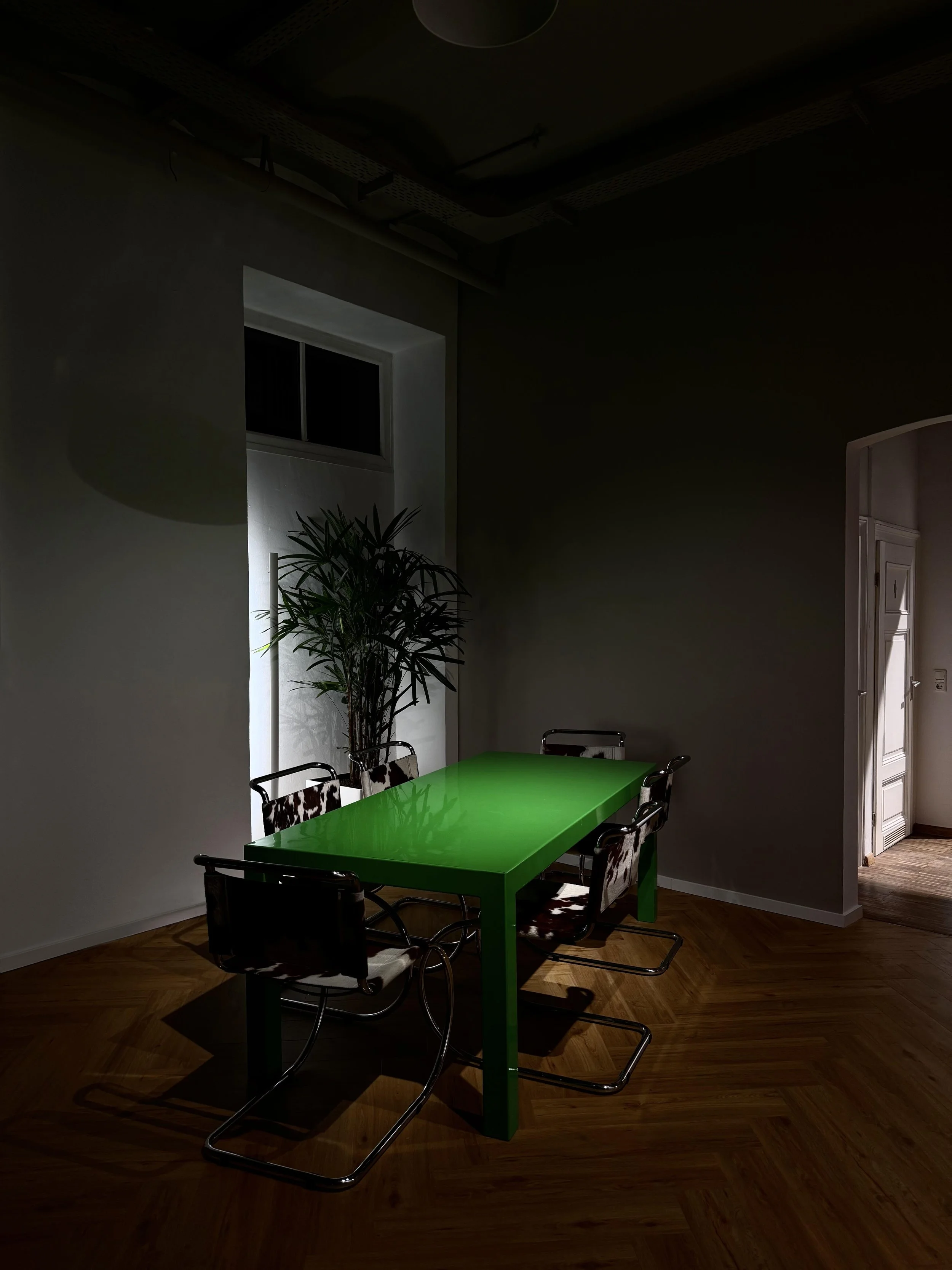 Ein grüner Esstisch mit vier Stühlen in einem dunklen Raum, hinter dem sich eine Pflanze an der Wand befindet, mit Licht, das durch ein Fenster auf die Szene scheint.