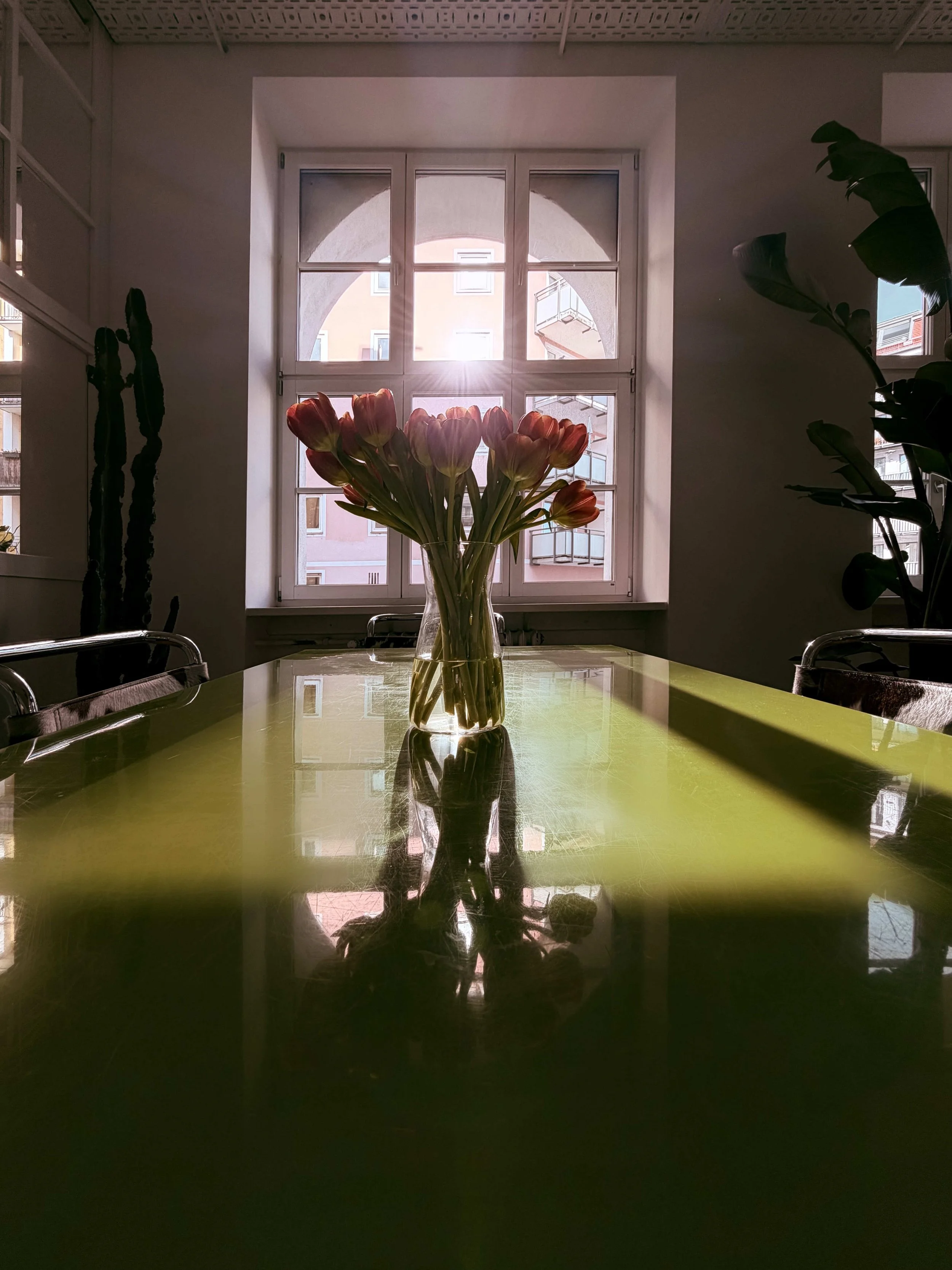 Ein Tisch mit einer Vase voller Tulpen vor einem großen Fenster, durch das Sonnenlicht strahlt, ist im Raum sichtbar, umgeben von Pflanzen und Möbeln.