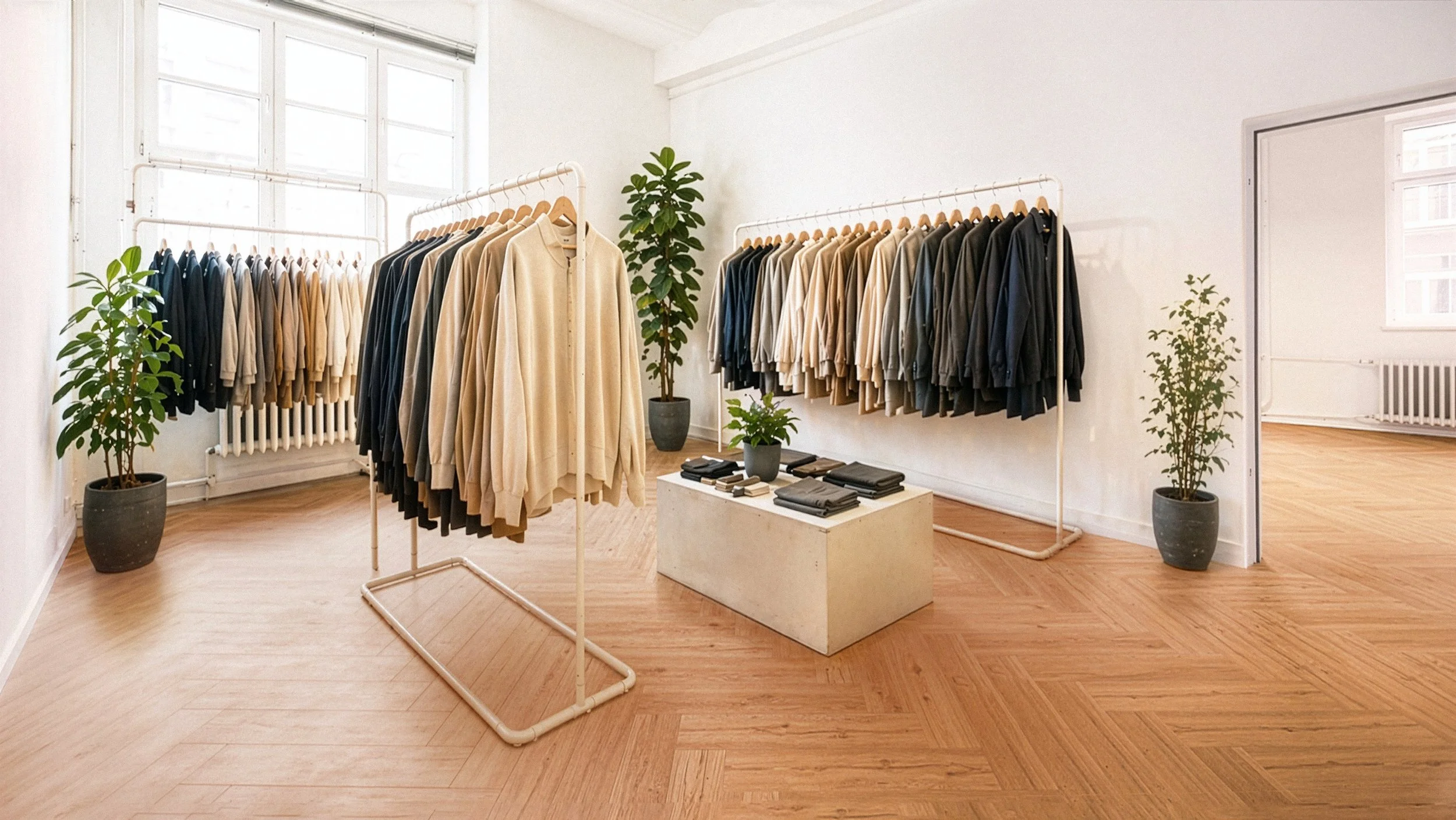 Ein Showroom mit weißen Kleiderständern, die Hemden in neutralen Farben präsentieren. Es gibt zwei große Pflanzen in schwarzen Töpfen, einen weißen Quader auf dem Tücher oder Schals präsentiert werden, und große Fenster, die viel natürliches Licht he