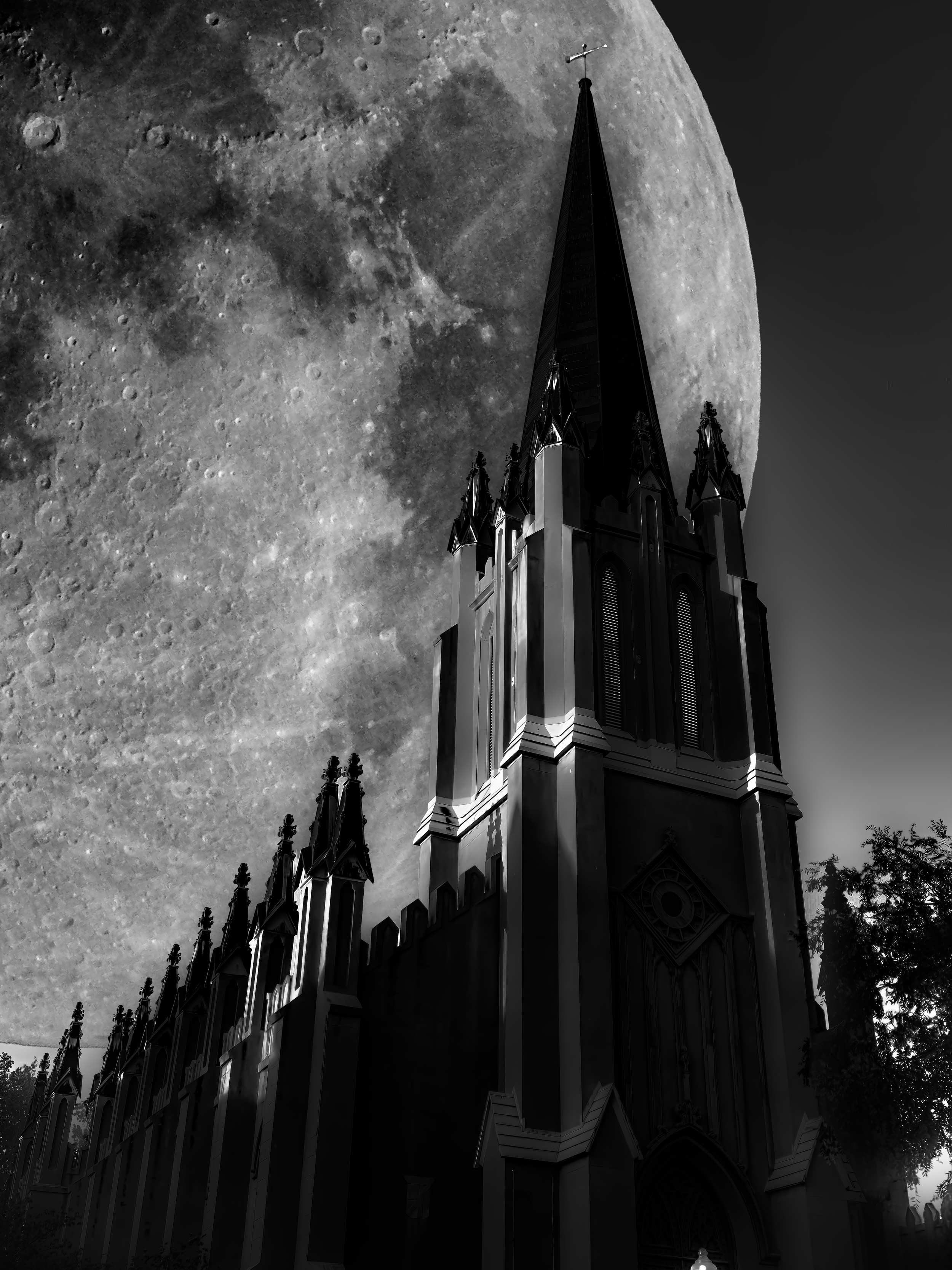 A church in VA layered with a photo of the moon turned black and white