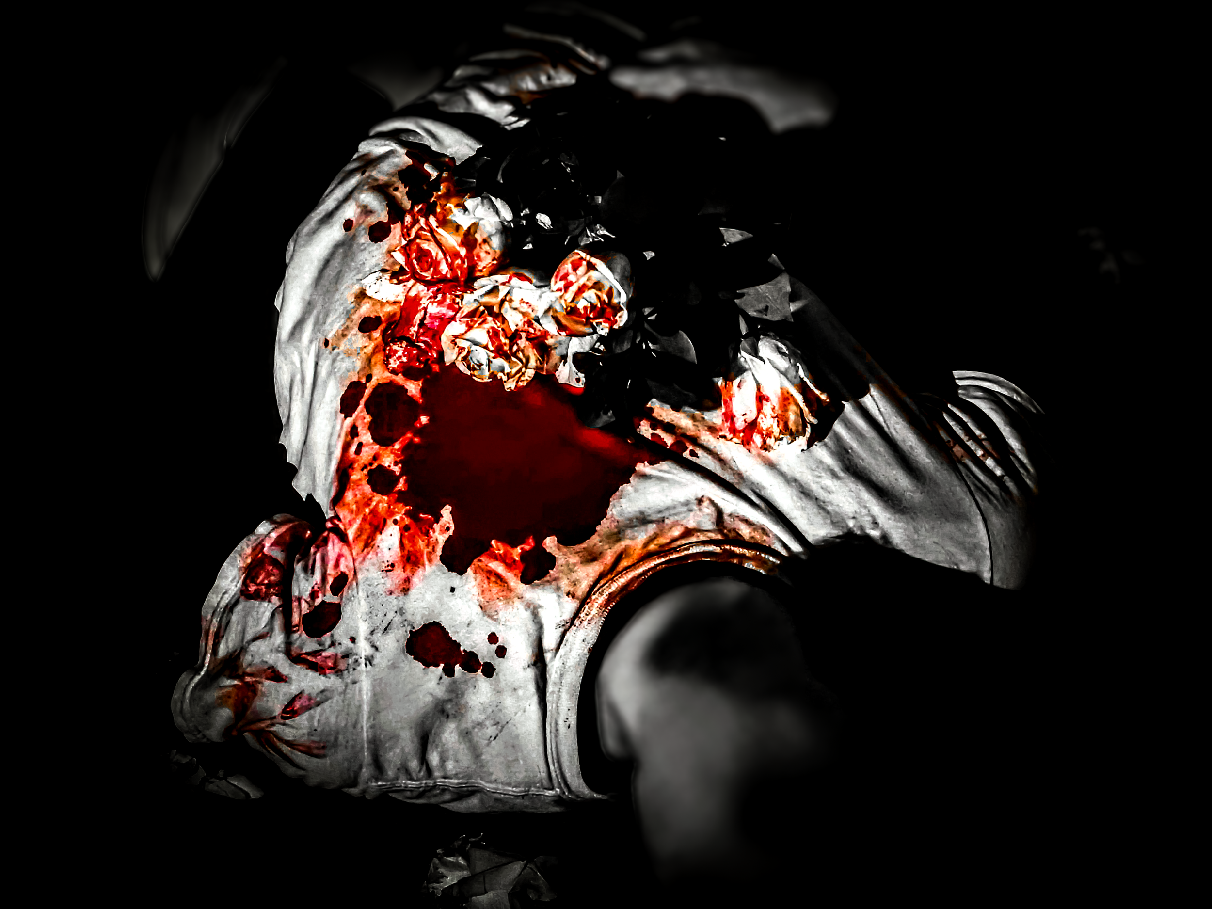 White roses, red food coloring, and a heart that is broken. Winter 2024.