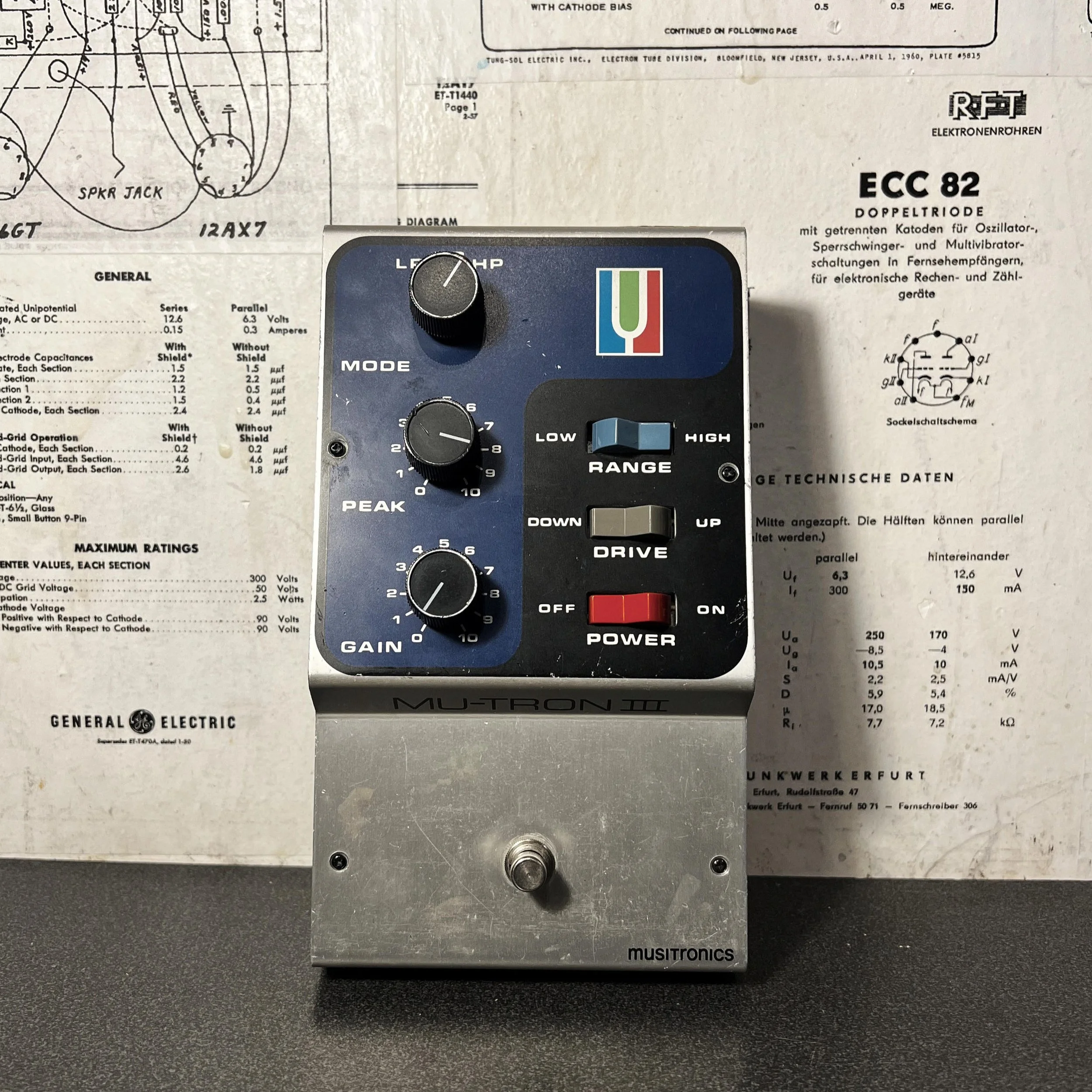 Pédale Mu-Tron III vintage sur l’établi de l’atelier