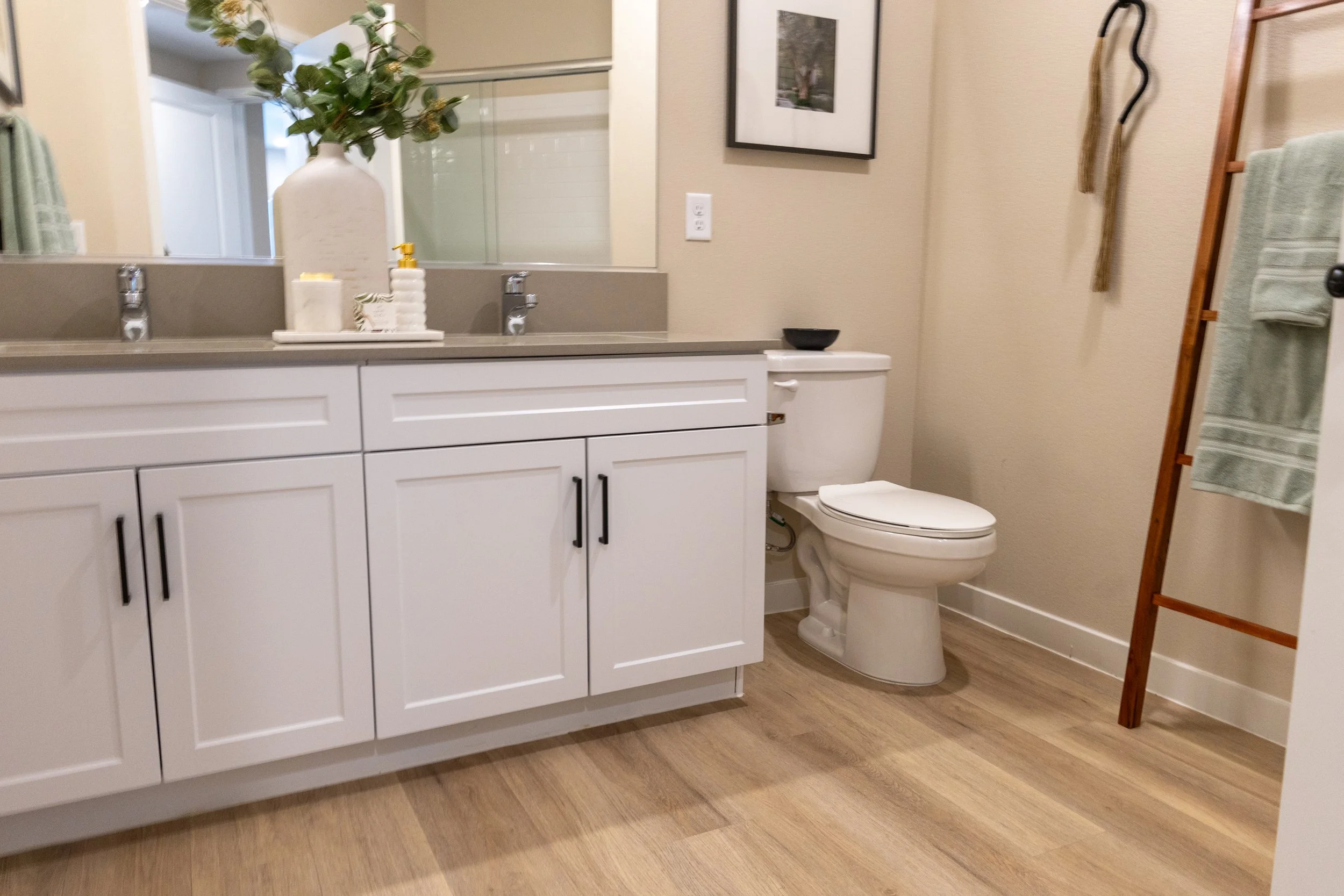 Clean bathroom with white vanity, plants, soap, a mirror, a toilet, towels, and a decorative ladder.