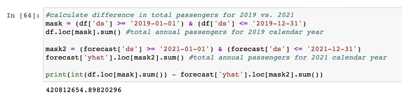 Screenshot of a Python code snippet calculating the difference in total passengers between 2019 and 2021 using data frames, date filtering, and summing functions.