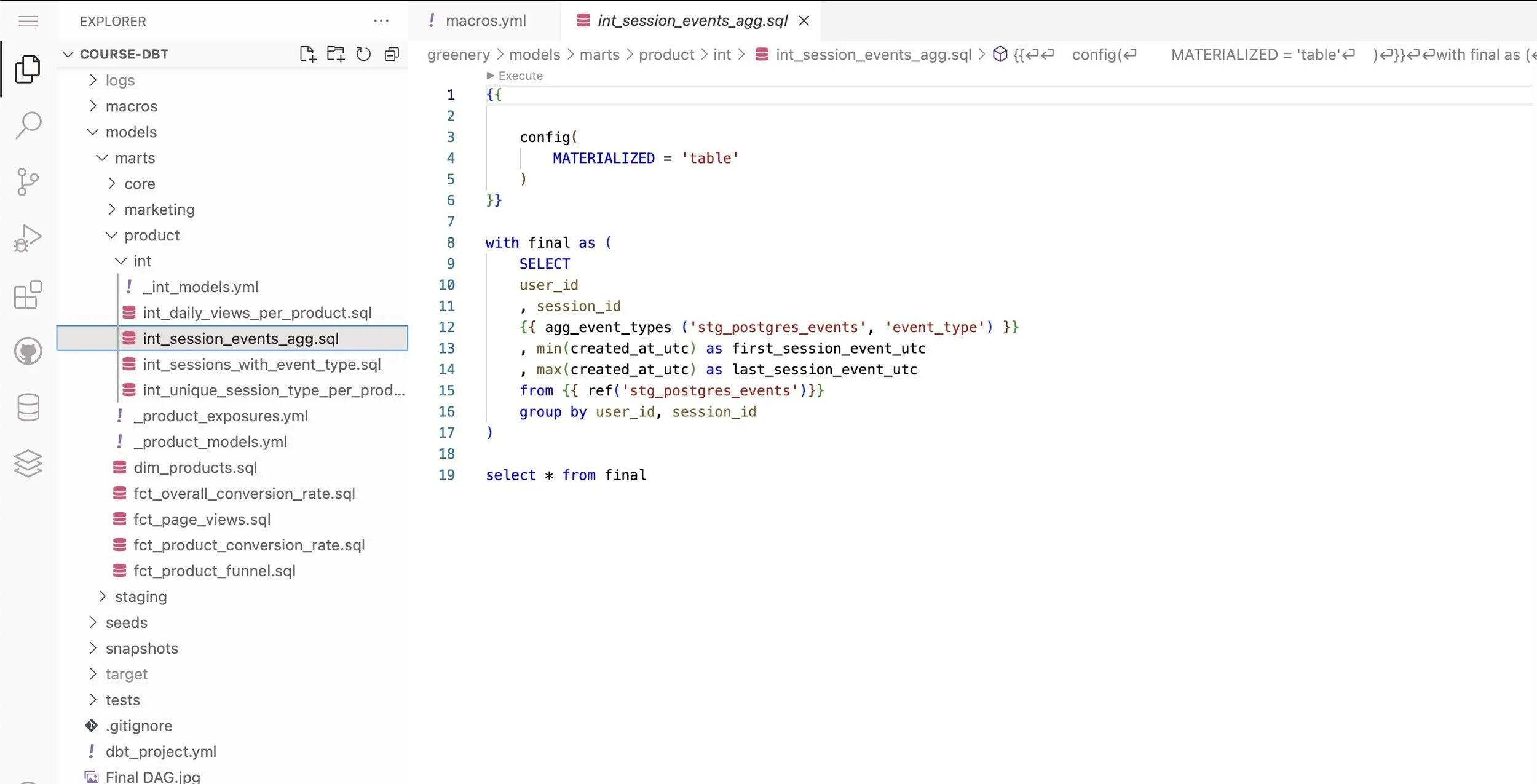Screenshot of a SQL query named 'int_session_events_agg.sql' opened in a code editor, with a file explorer sidebar showing project folders and files, including the script that summarizes user sessions and event types.