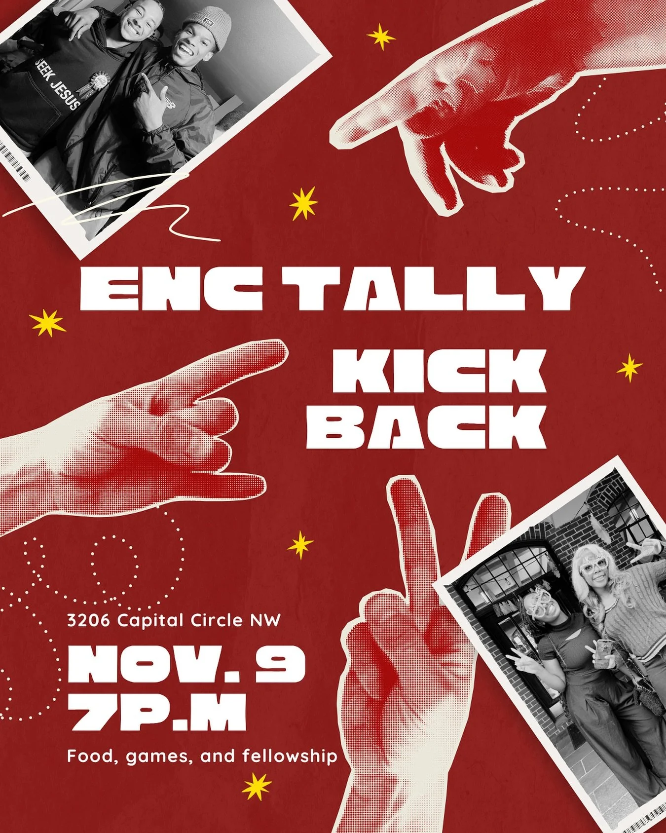 Set your calendar! It&rsquo;s time to kick back and have some fun with ENC Tally 😛 This Sunday at 7 pm is our ENC Kick Back with food, games, and a great time 🙂&zwj;↕️SEE YOU THERE