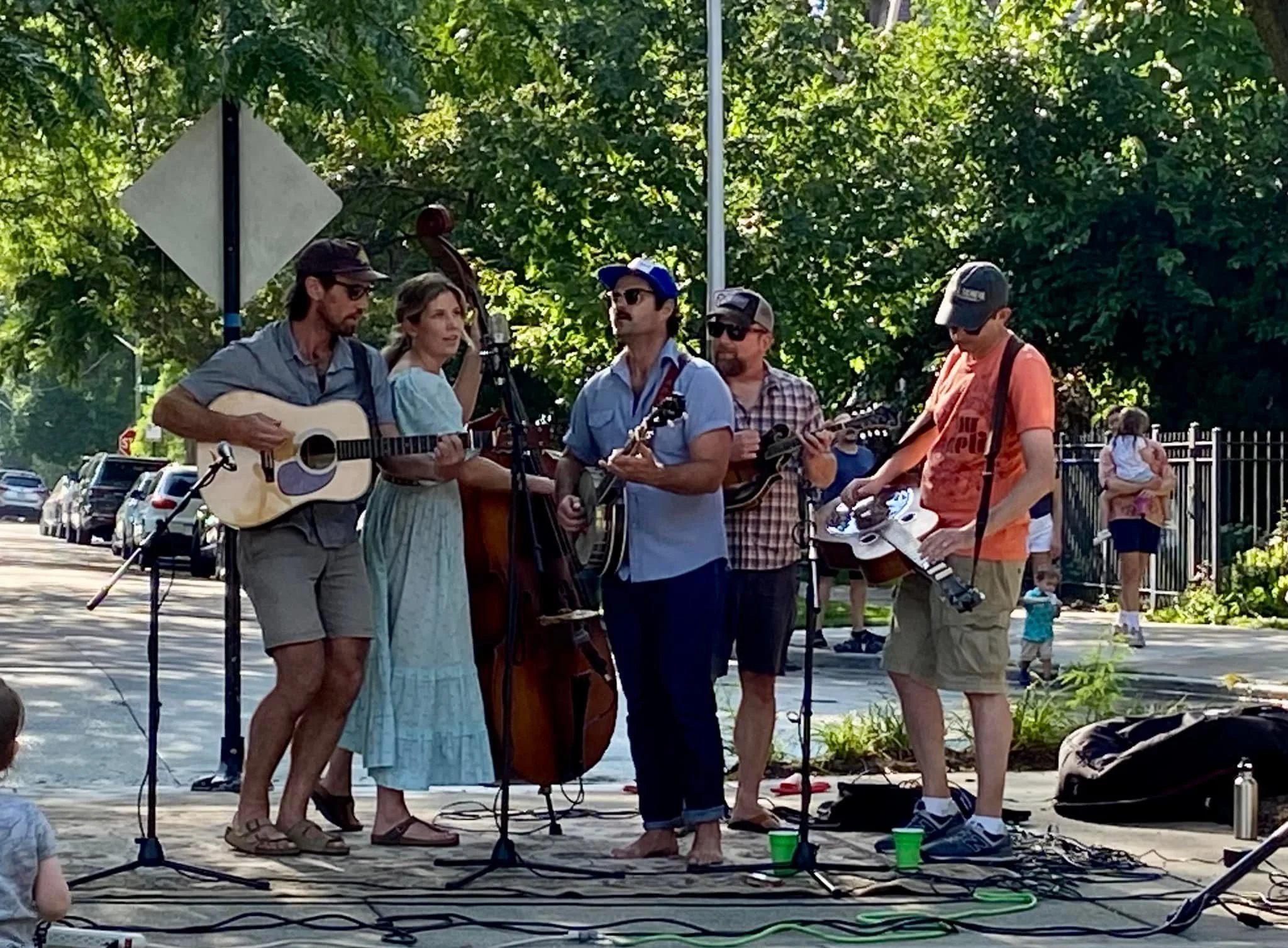 A five piece bluegrass band. One acoustic guitar player, one banjo player, one upright bass player, one steel guitar player, one mandolin player, three singers.