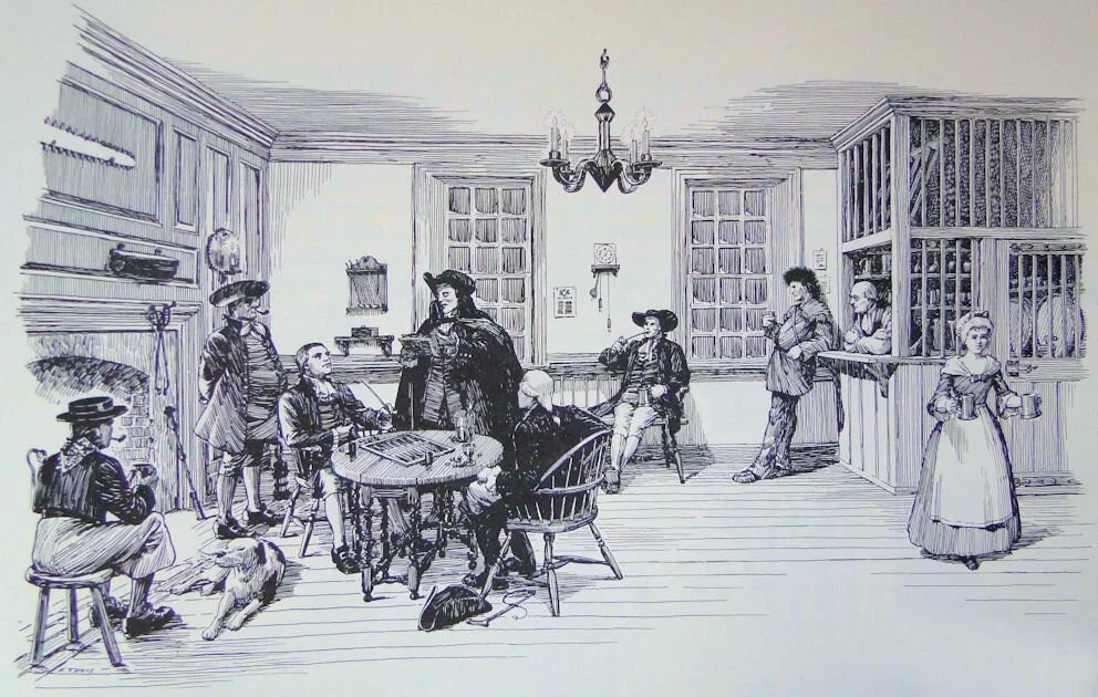 Colonial tavern setting with men gathered around a table near a fireplace, and  a woman serving ale to tavern customers.