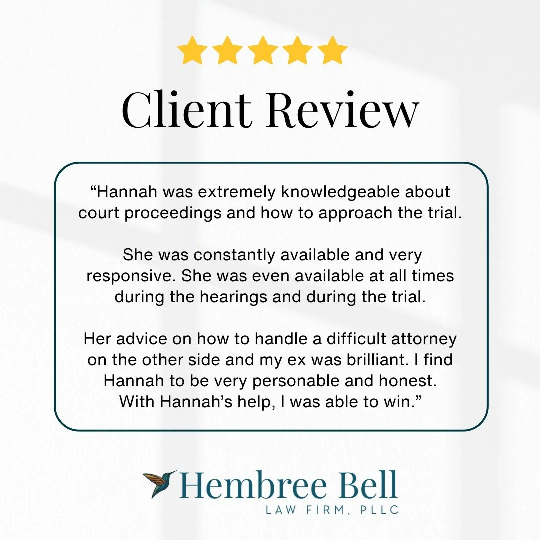 Real client feedback that speaks volumes. At Hembree Bell Law, we pride ourselves on delivering exceptional results for our clients. Let us help you with your family law needs.

Schedule a free case evaluation today at www.hembreebell.com or call 512